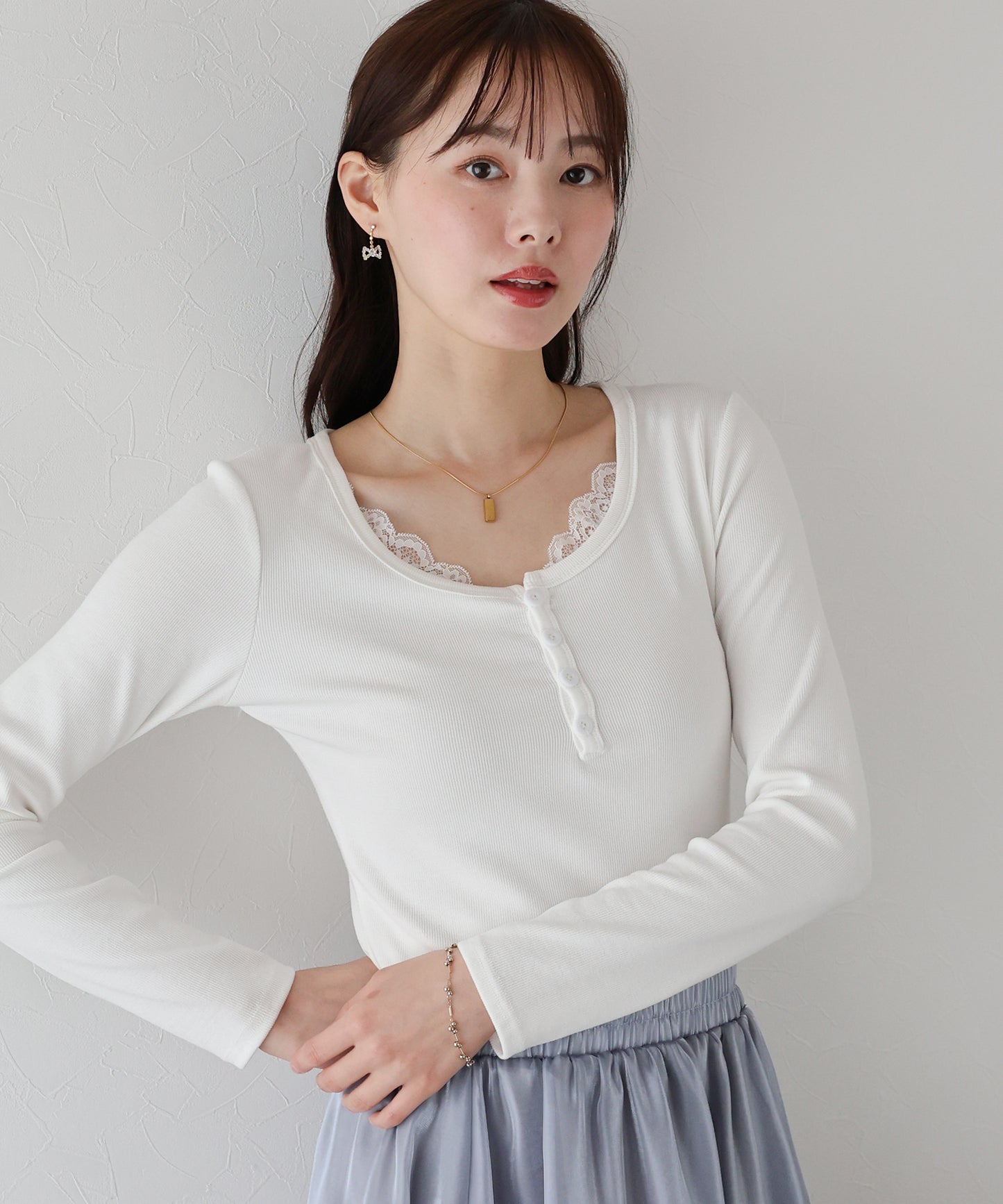 レース付ヘンリーネックカットソー【ネコポス】