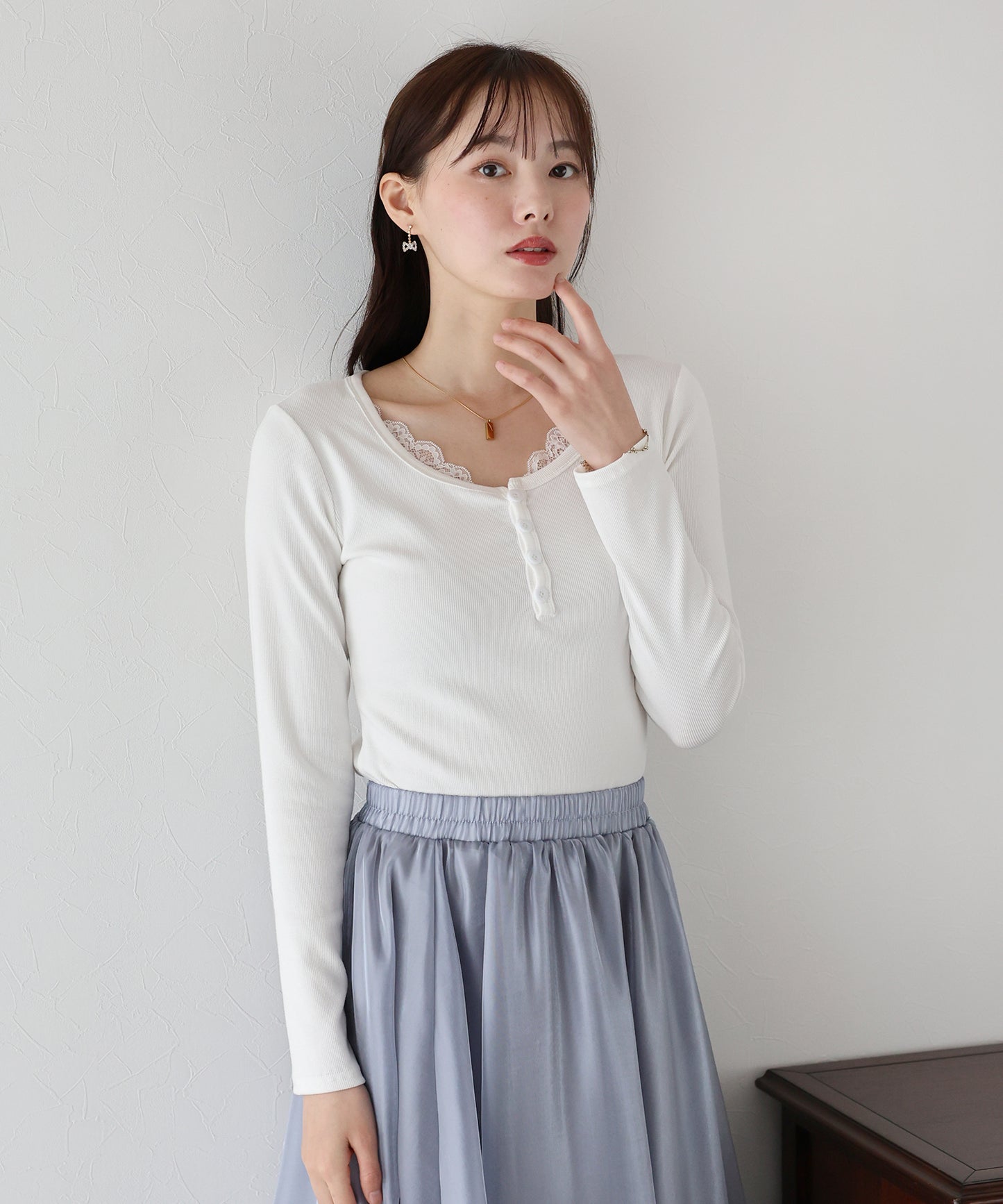 レース付ヘンリーネックカットソー【ネコポス】