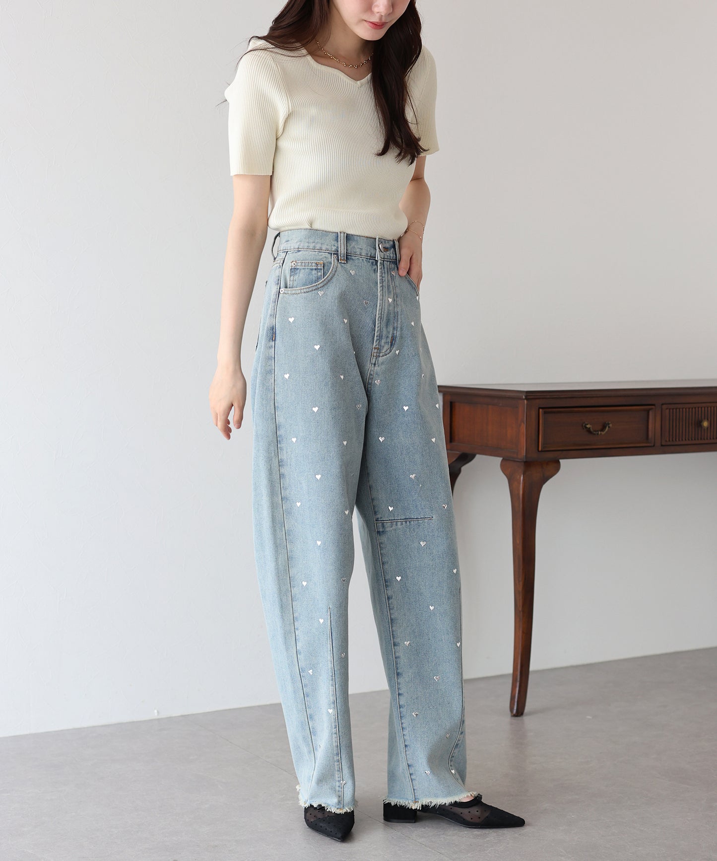 【TIME SALE】ラインストーンカーブデニムパンツ