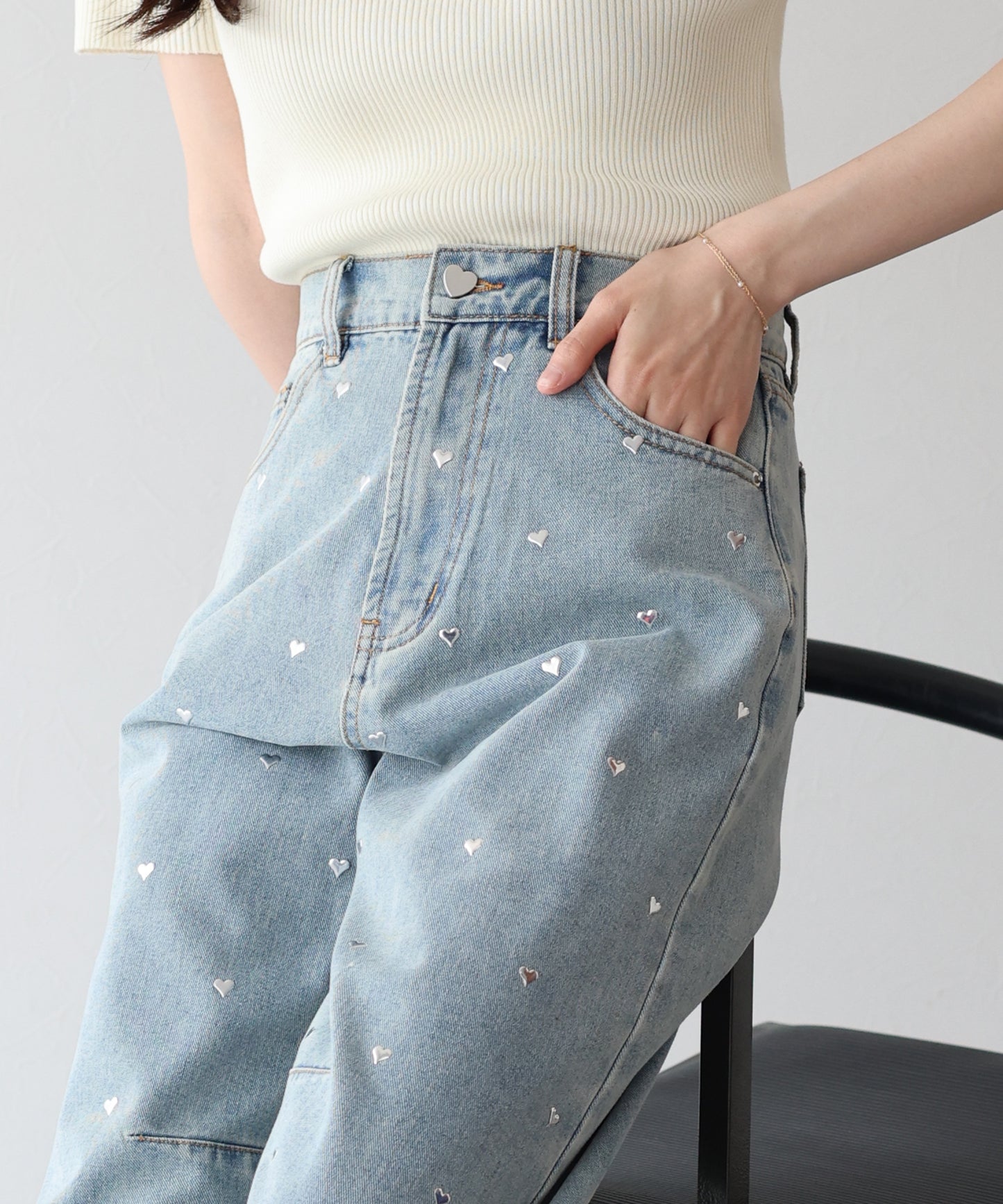 【TIME SALE】ラインストーンカーブデニムパンツ
