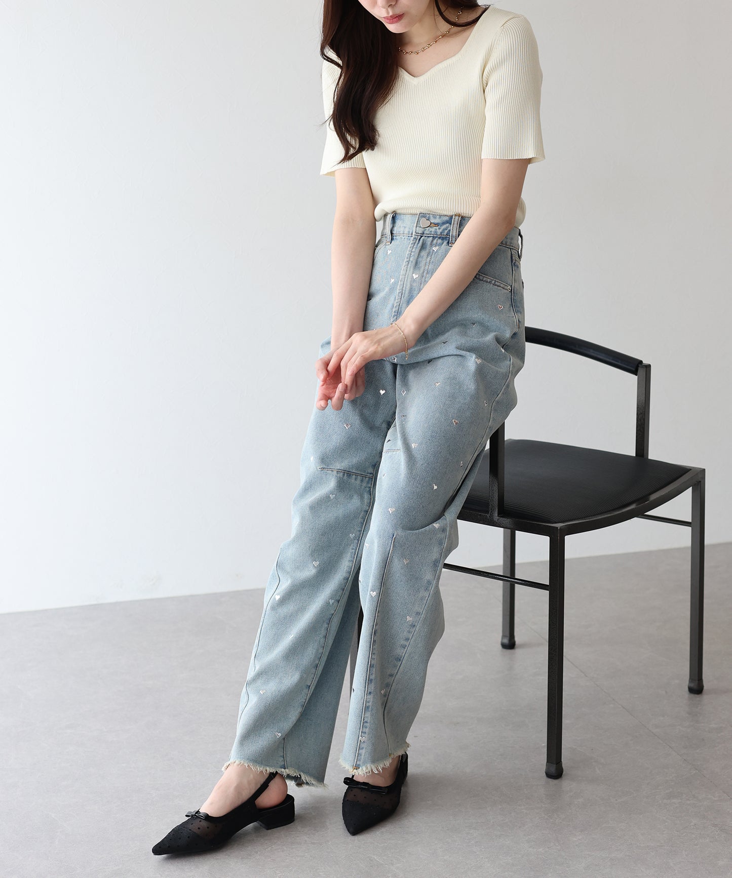 【TIME SALE】ラインストーンカーブデニムパンツ