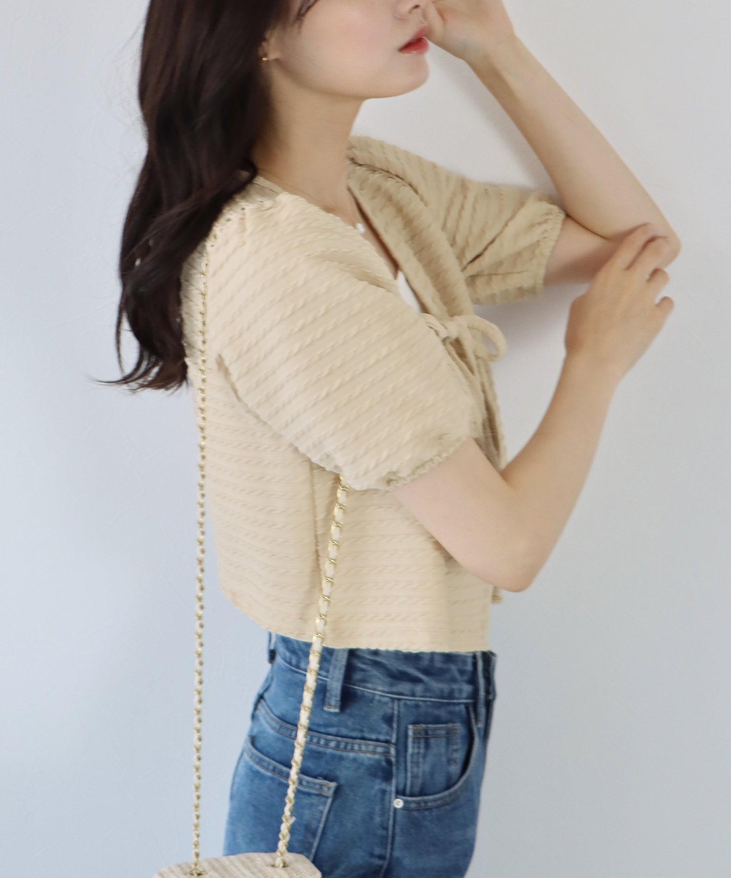 【SALE】半袖ケーブル柄リボンカーディガン