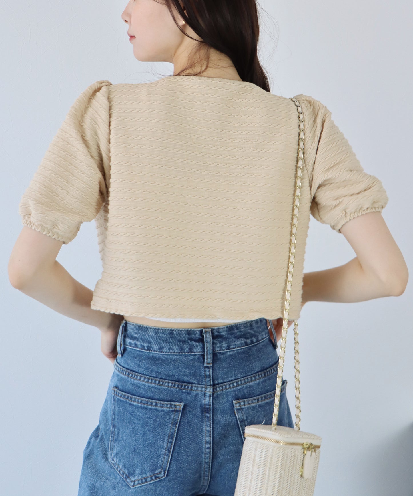 【SALE】半袖ケーブル柄リボンカーディガン