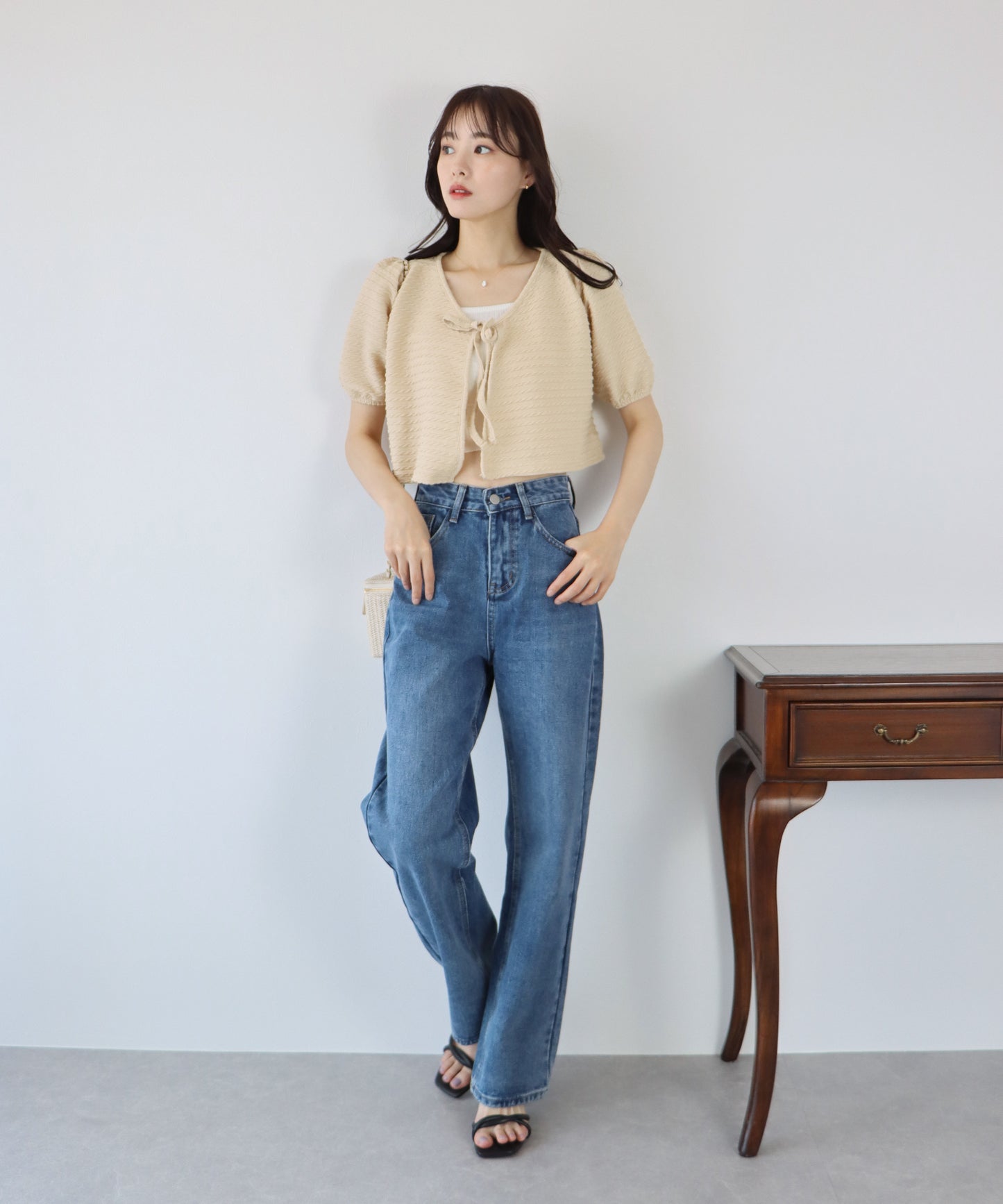 【SALE】半袖ケーブル柄リボンカーディガン