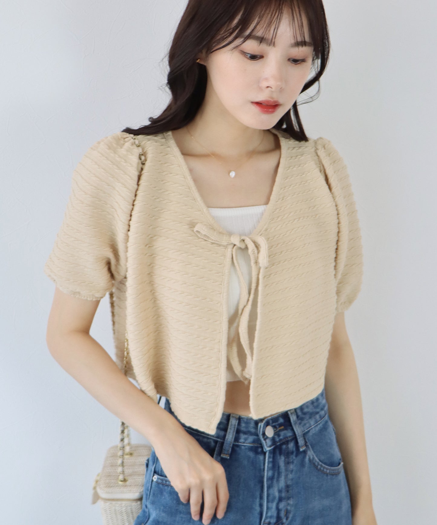 【SALE】半袖ケーブル柄リボンカーディガン