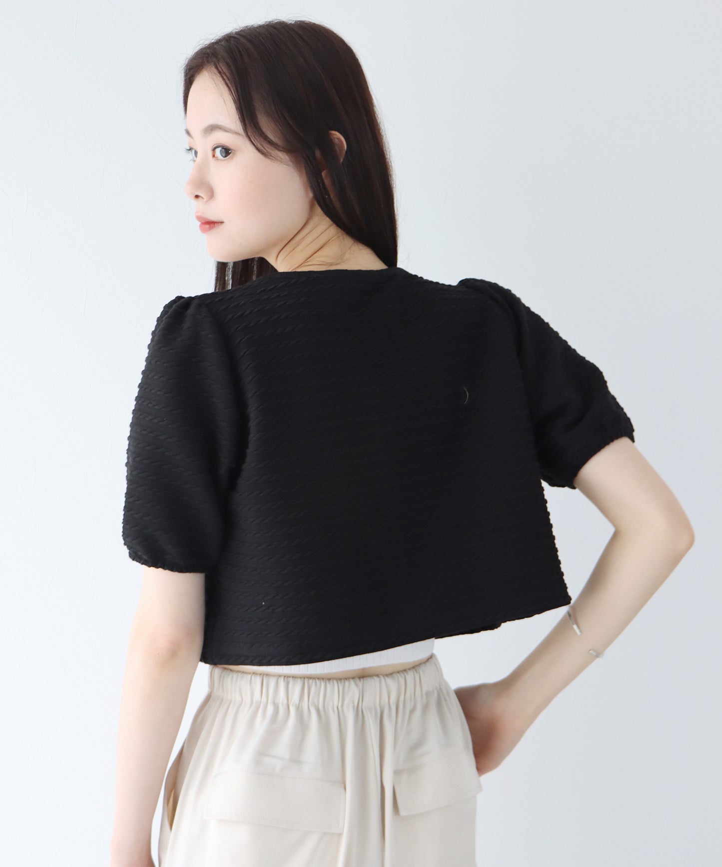 【SALE】半袖ケーブル柄リボンカーディガン