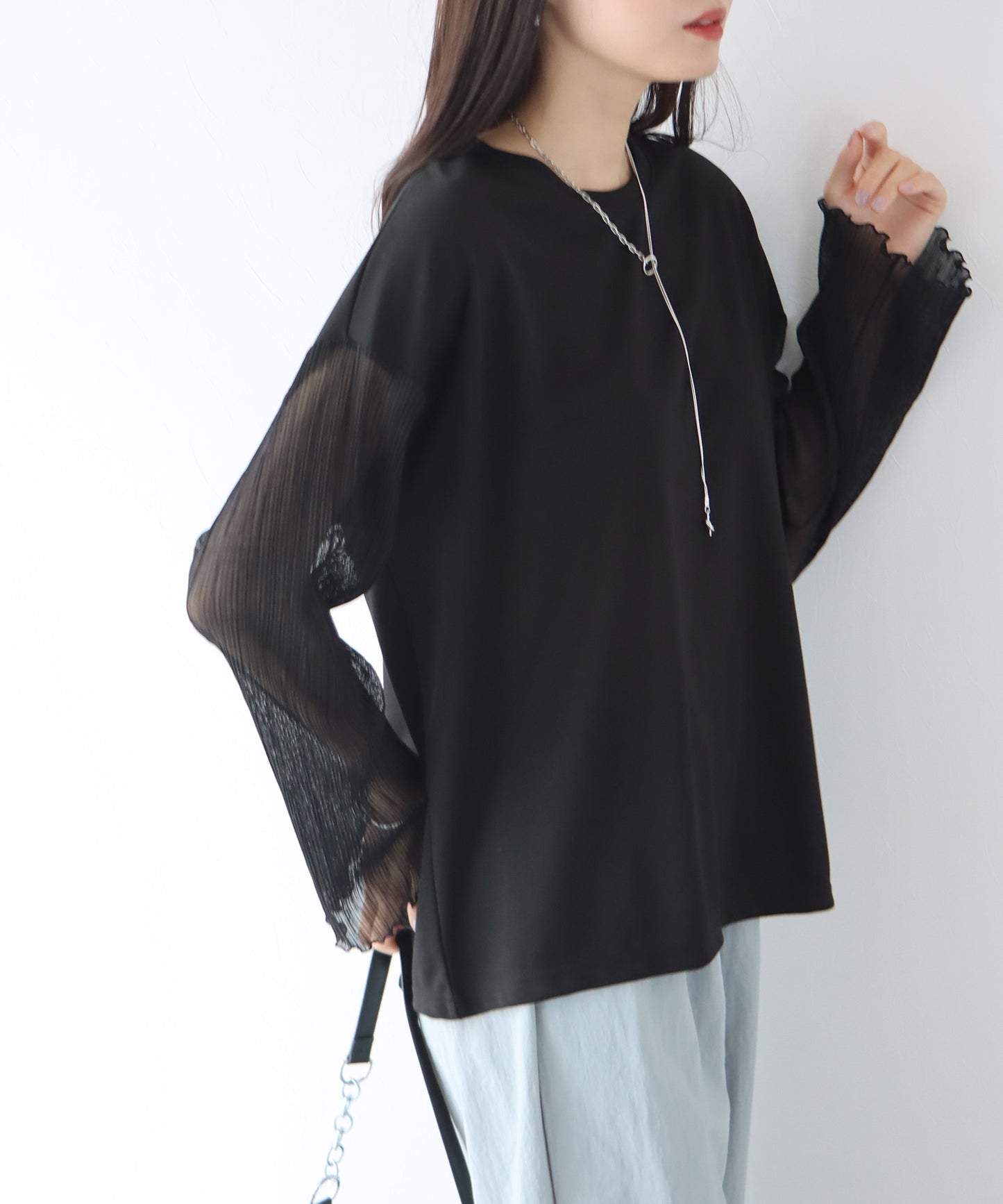 【SALE】袖プリーツ切替トップス【ゆうパケット】