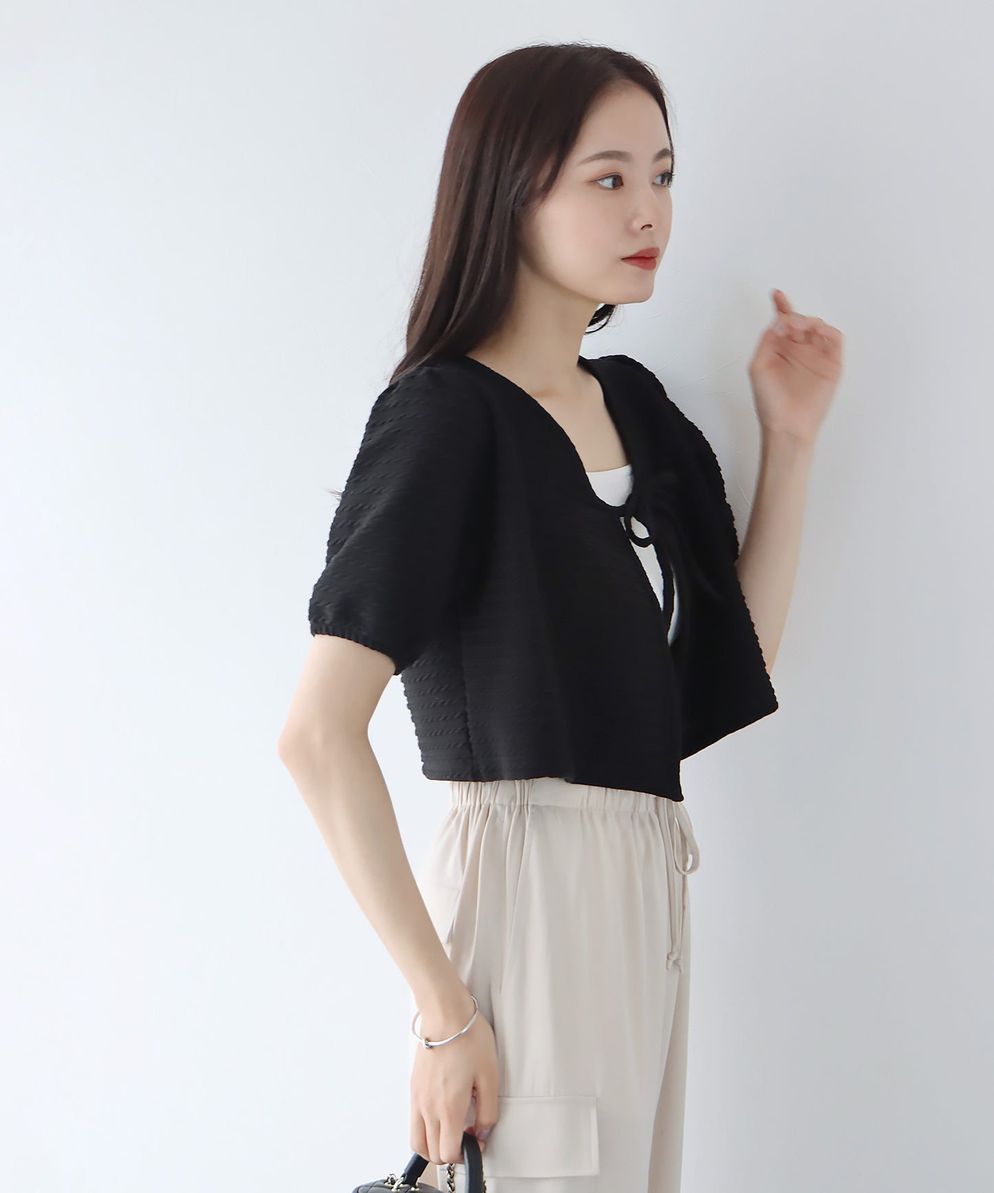 【SALE】半袖ケーブル柄リボンカーディガン