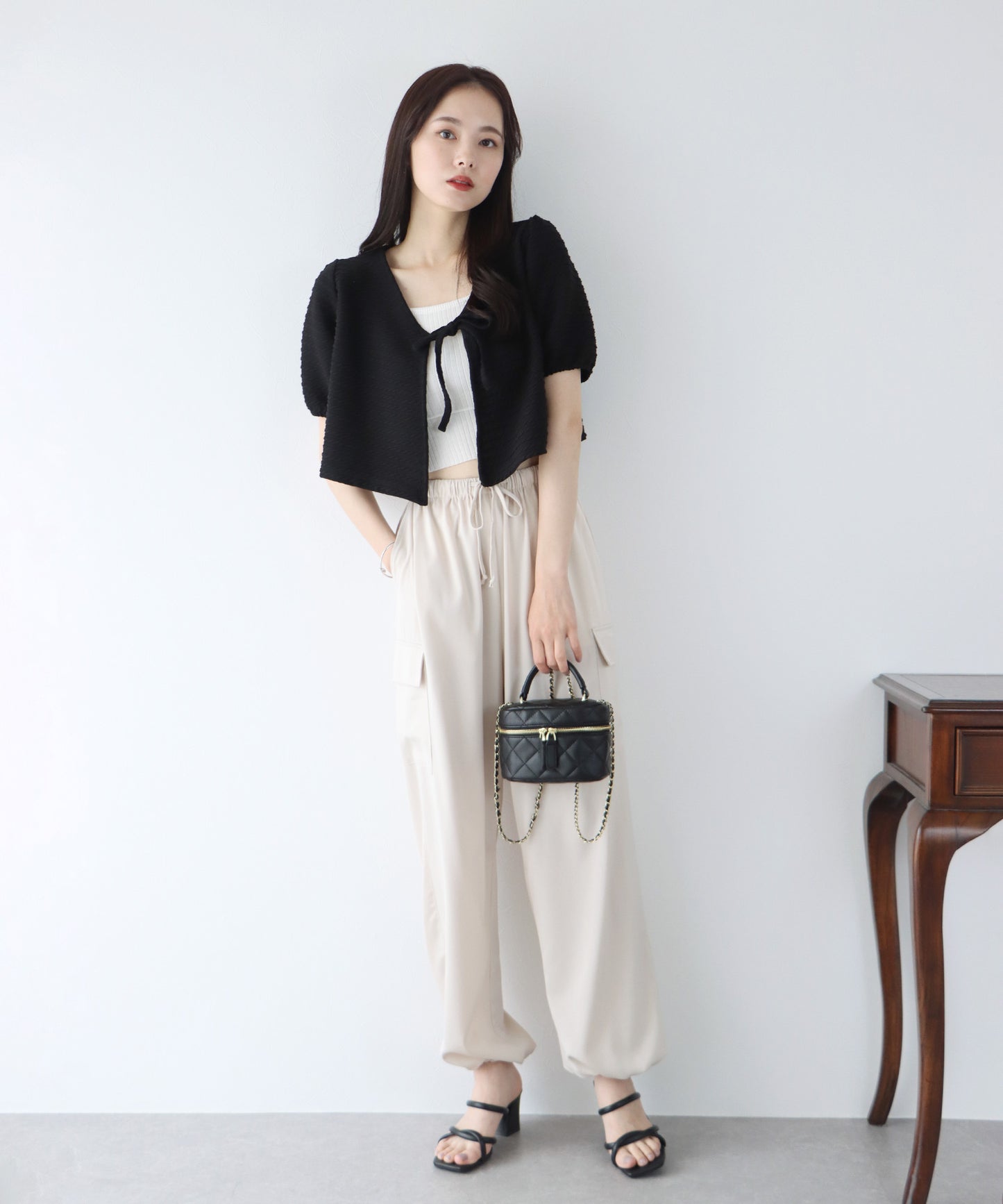 【SALE】半袖ケーブル柄リボンカーディガン