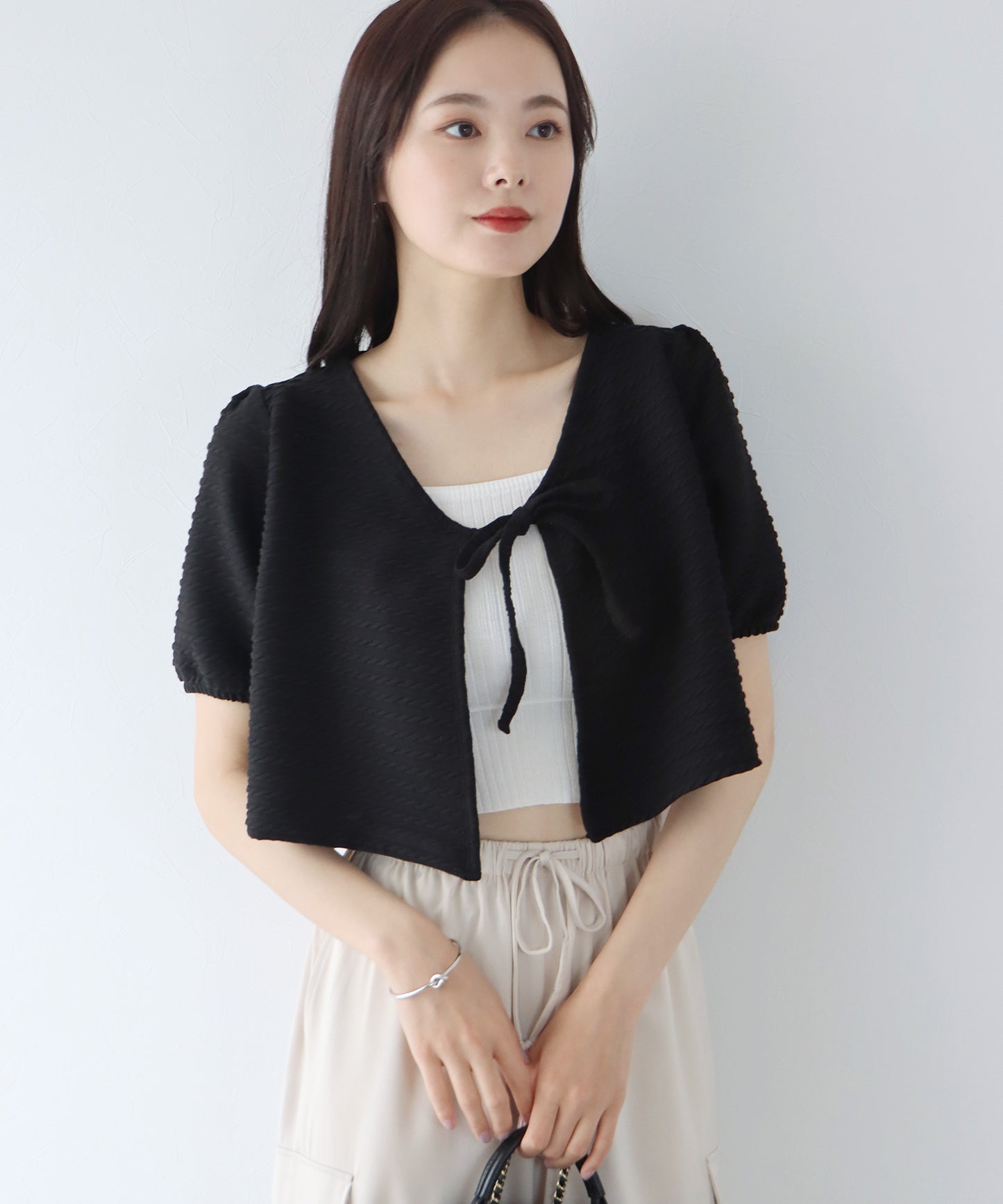 【SALE】半袖ケーブル柄リボンカーディガン