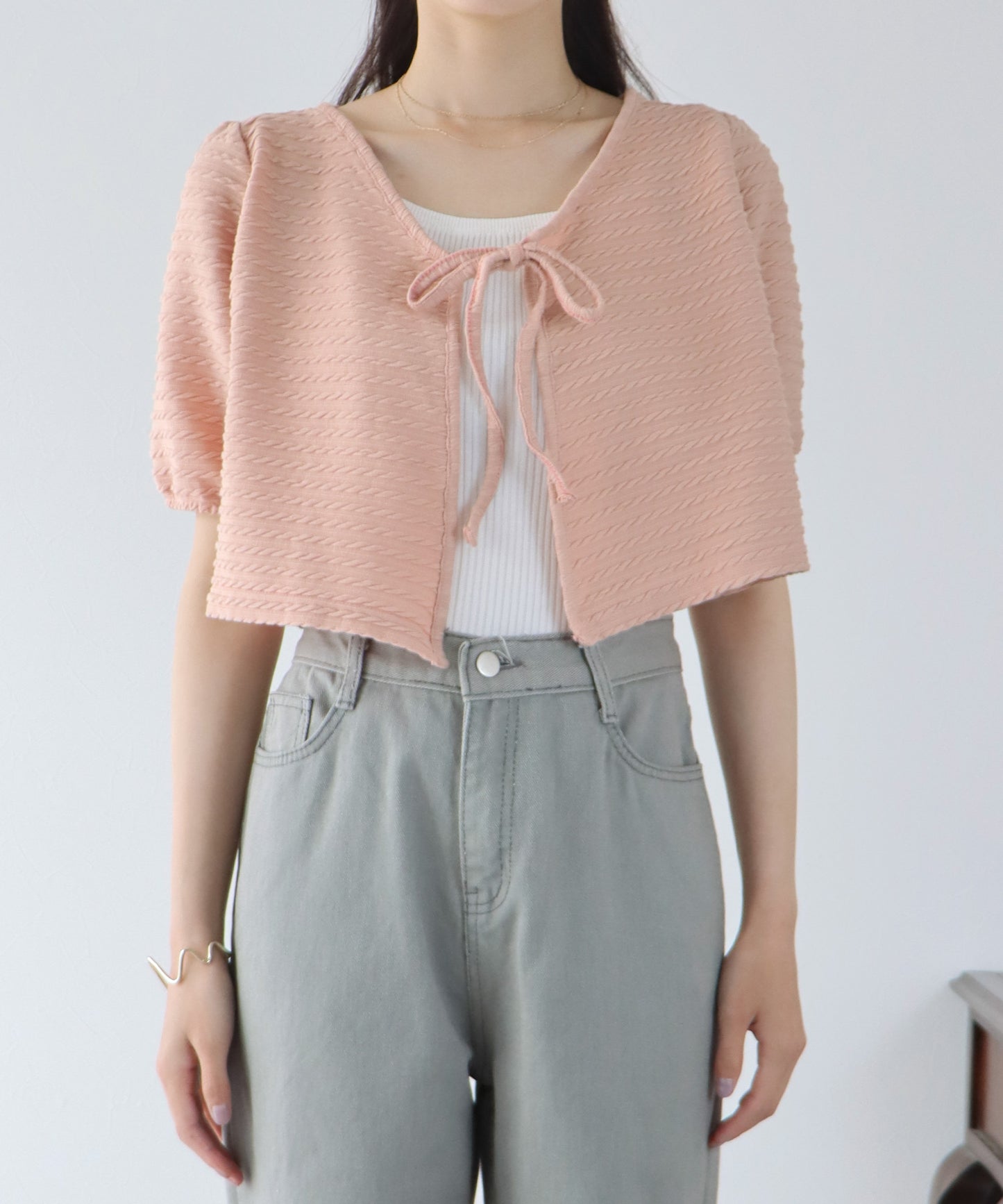 【SALE】半袖ケーブル柄リボンカーディガン