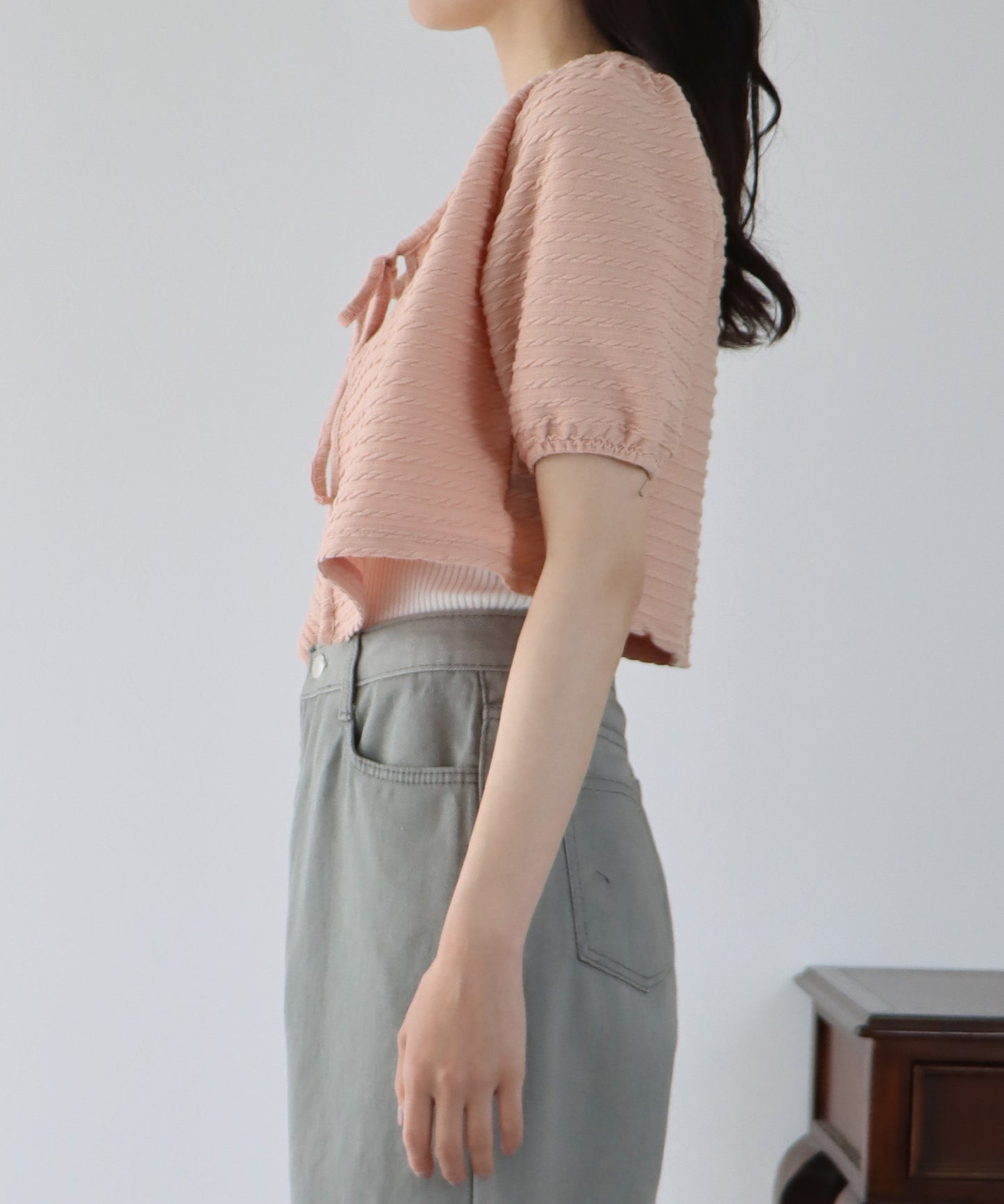 【SALE】半袖ケーブル柄リボンカーディガン
