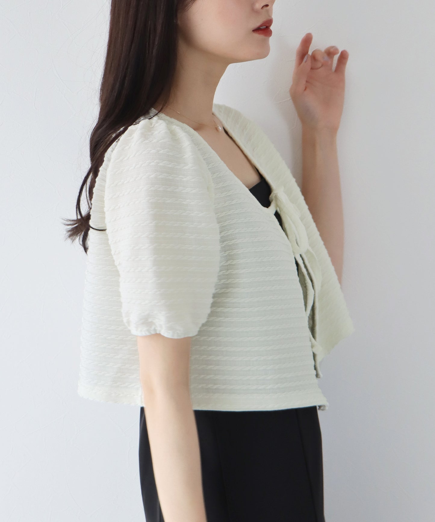 【SALE】半袖ケーブル柄リボンカーディガン