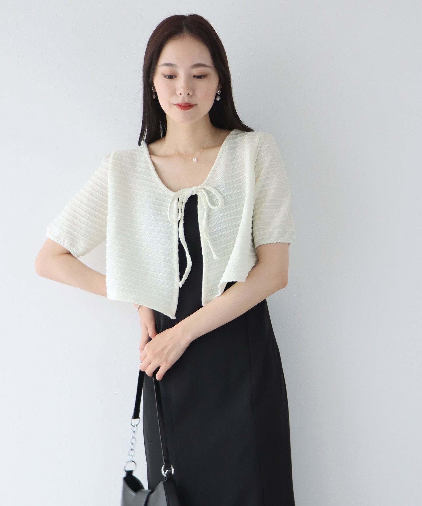 【SALE】半袖ケーブル柄リボンカーディガン