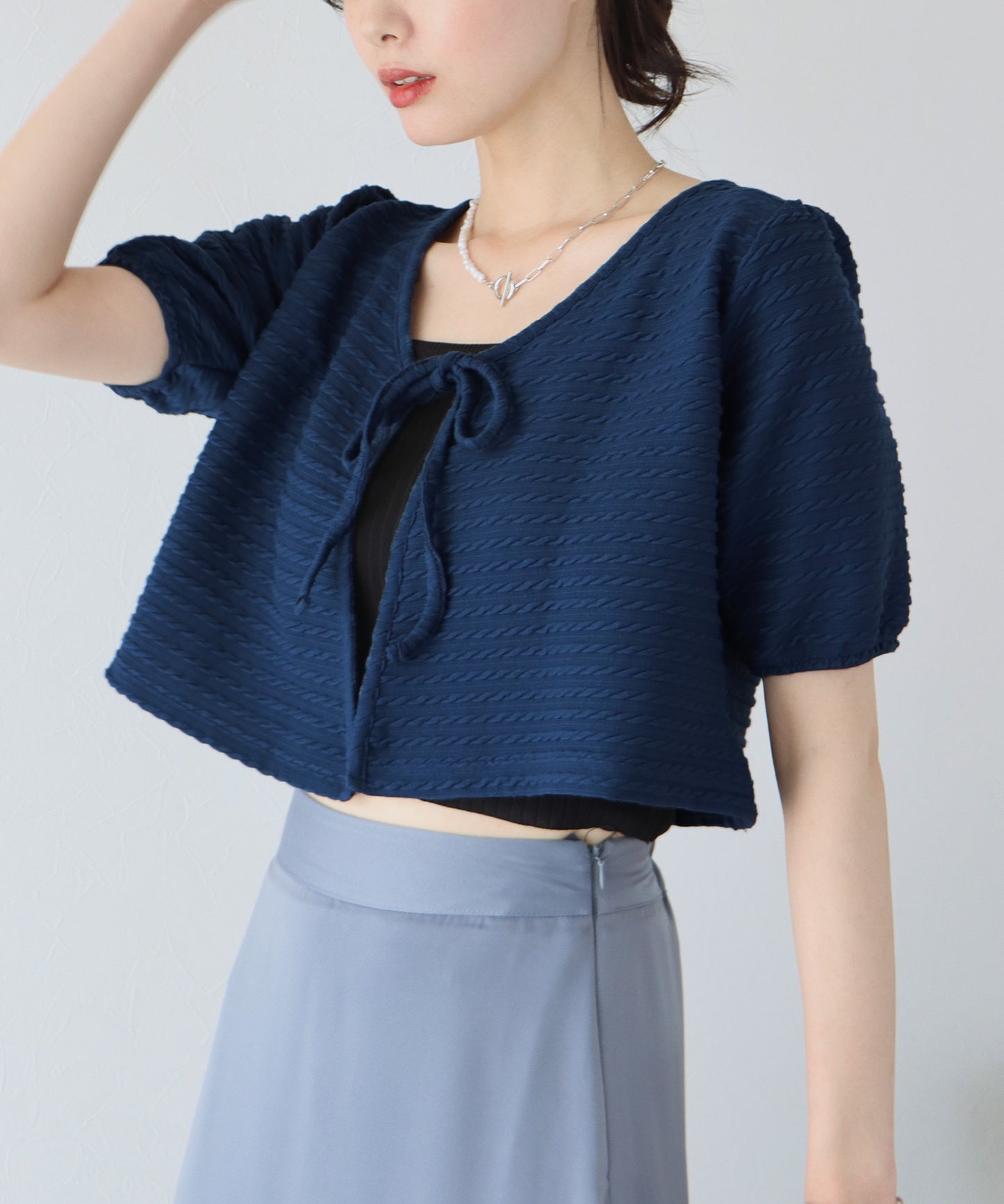 【SALE】半袖ケーブル柄リボンカーディガン