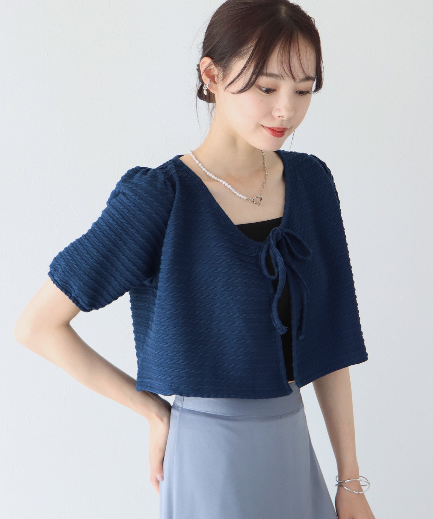 【SALE】半袖ケーブル柄リボンカーディガン