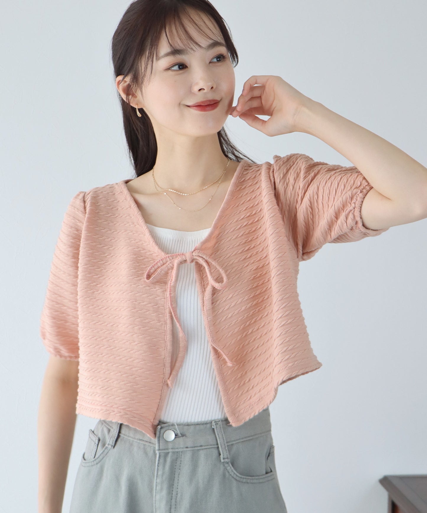 【SALE】半袖ケーブル柄リボンカーディガン