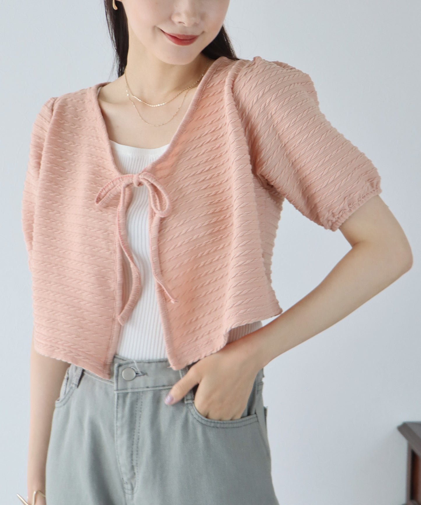 【SALE】半袖ケーブル柄リボンカーディガン
