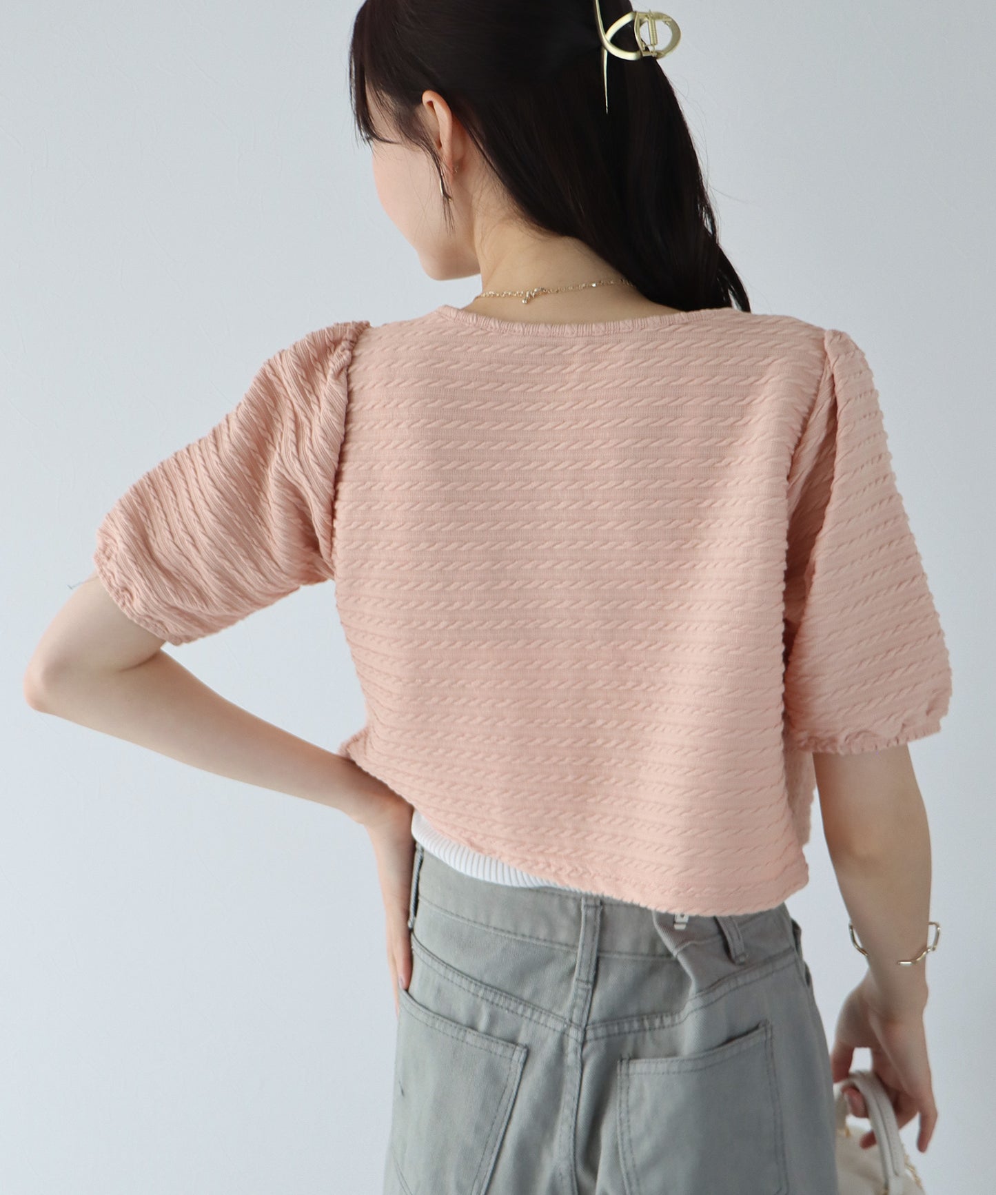 【SALE】半袖ケーブル柄リボンカーディガン