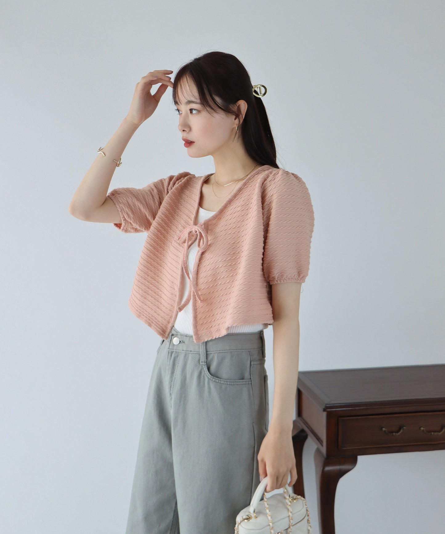 【SALE】半袖ケーブル柄リボンカーディガン