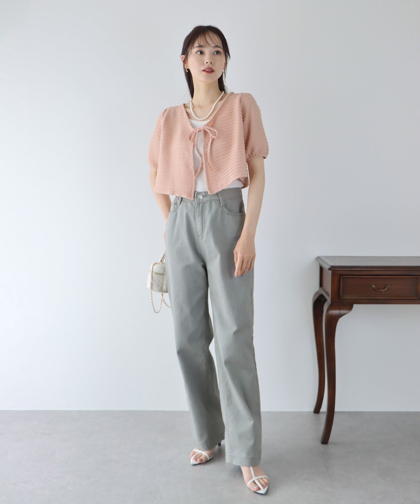 【SALE】半袖ケーブル柄リボンカーディガン