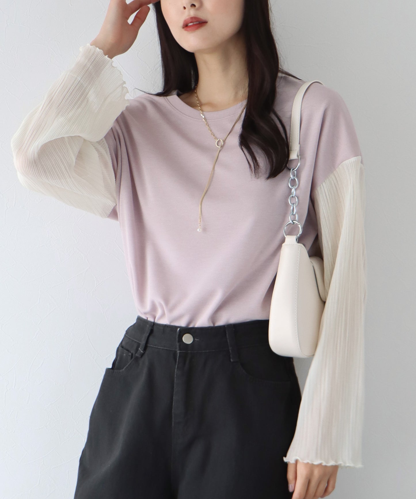 【SALE】袖プリーツ切替トップス【ゆうパケット】