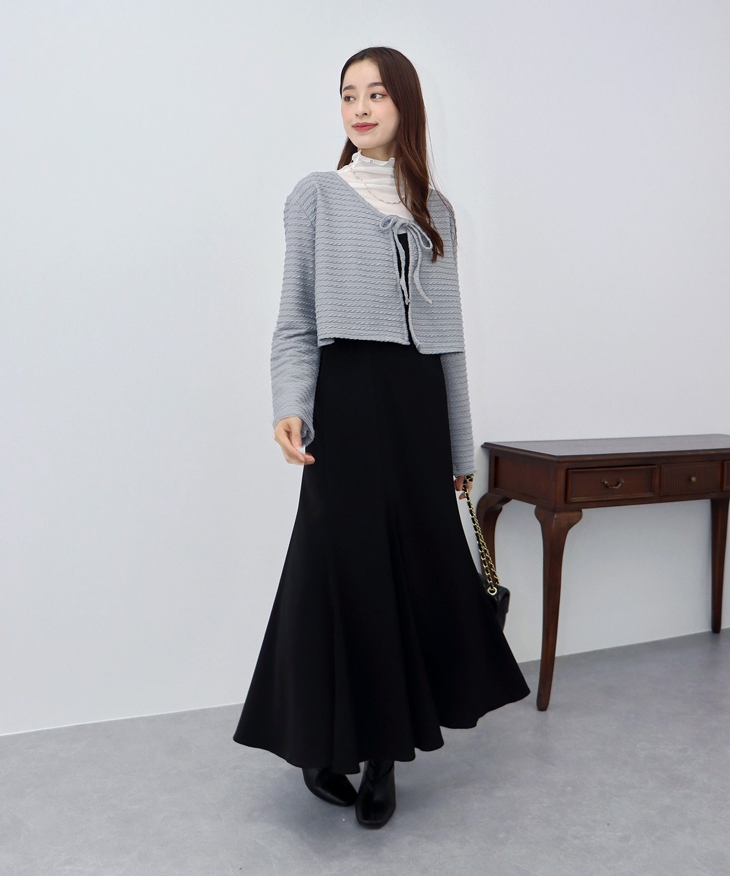 케이블 무늬 리본 가디건