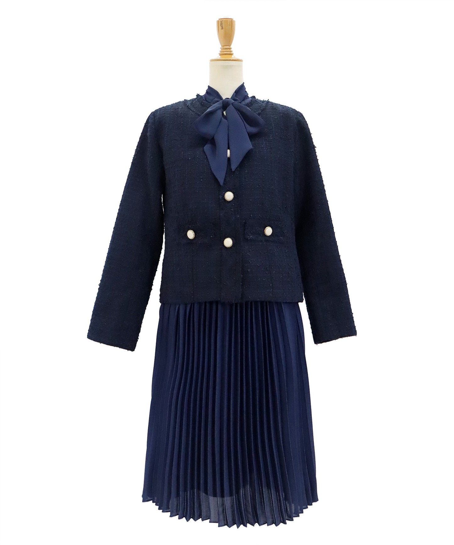 【SALE】ミックスツイードノーカラージャケット×ボウタイプリーツシフォンワンピースセレモニー2点セット