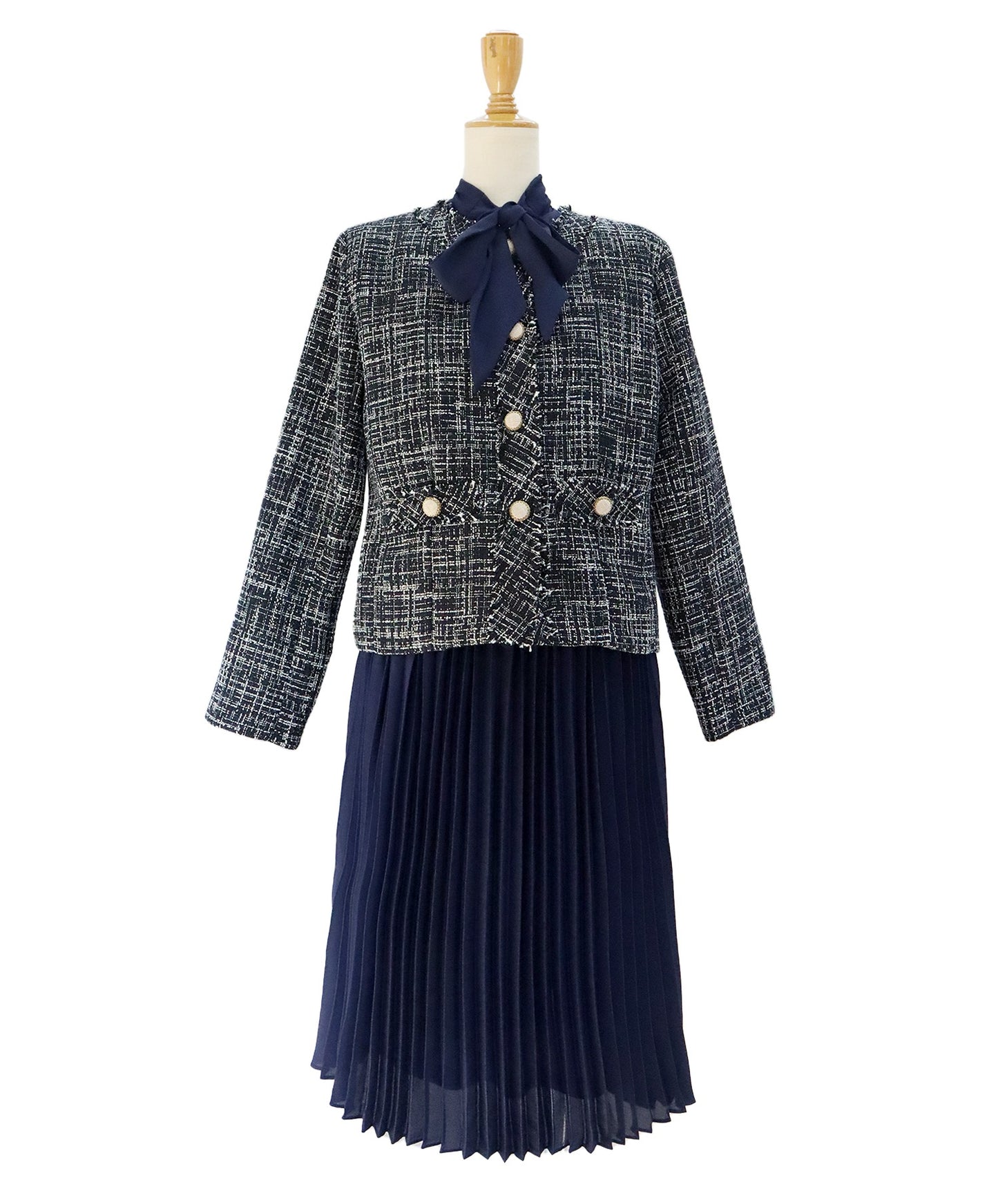 【SALE】ミックスツイードノーカラージャケット×ボウタイプリーツシフォンワンピースセレモニー2点セット