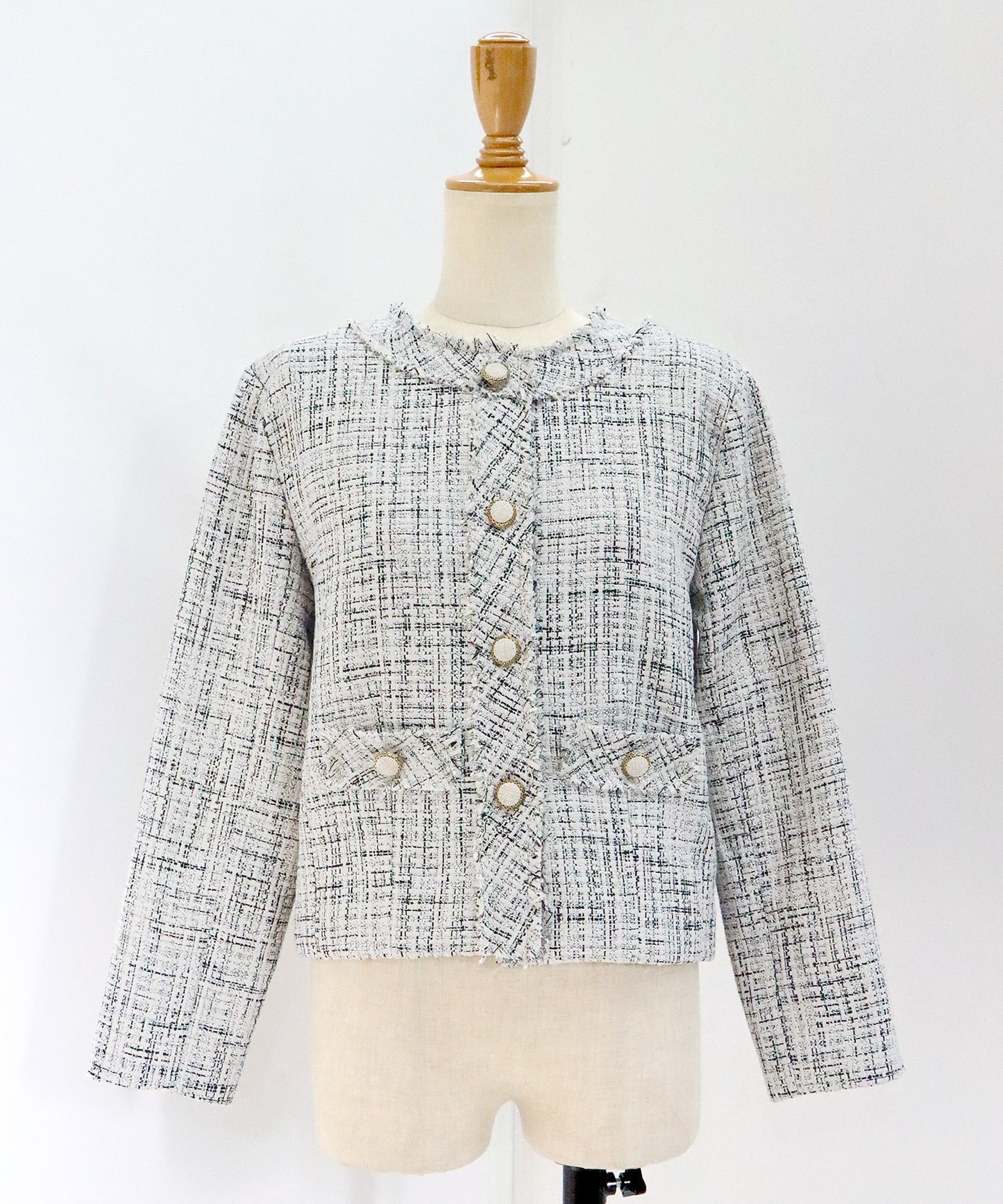 【SALE】ミックスツイードノーカラージャケット×ボウタイプリーツシフォンワンピースセレモニー2点セット