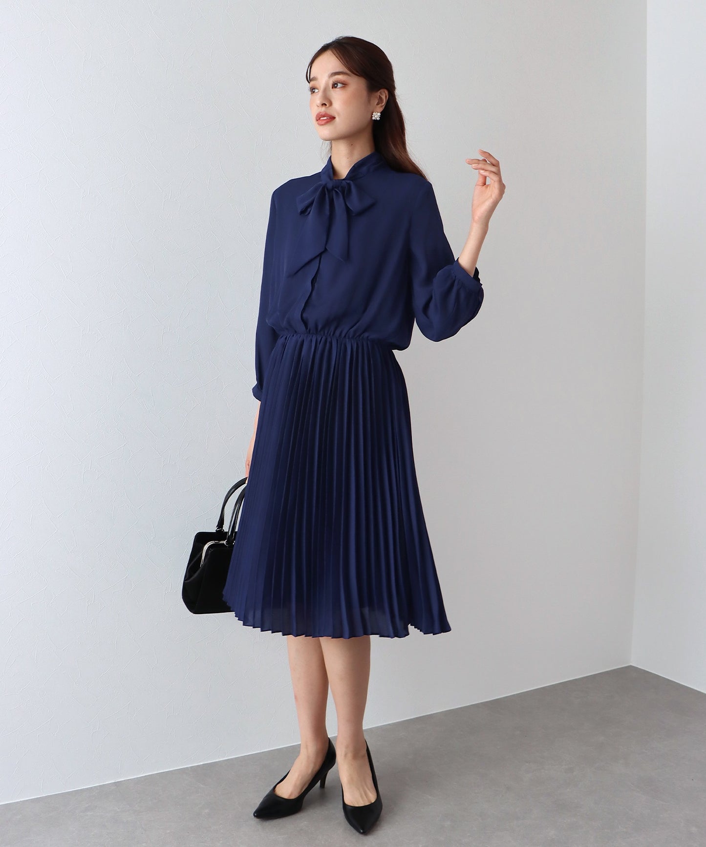 【SALE】ミックスツイードノーカラージャケット×ボウタイプリーツシフォンワンピースセレモニー2点セット
