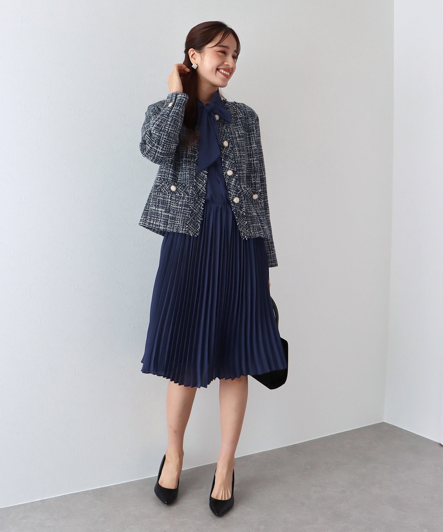 【SALE】ミックスツイードノーカラージャケット×ボウタイプリーツシフォンワンピースセレモニー2点セット