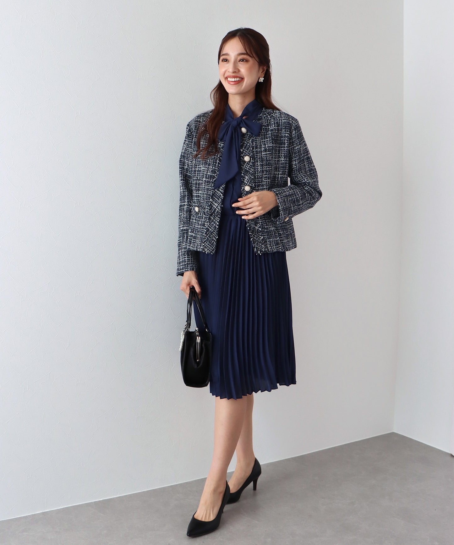【SALE】ミックスツイードノーカラージャケット×ボウタイプリーツシフォンワンピースセレモニー2点セット