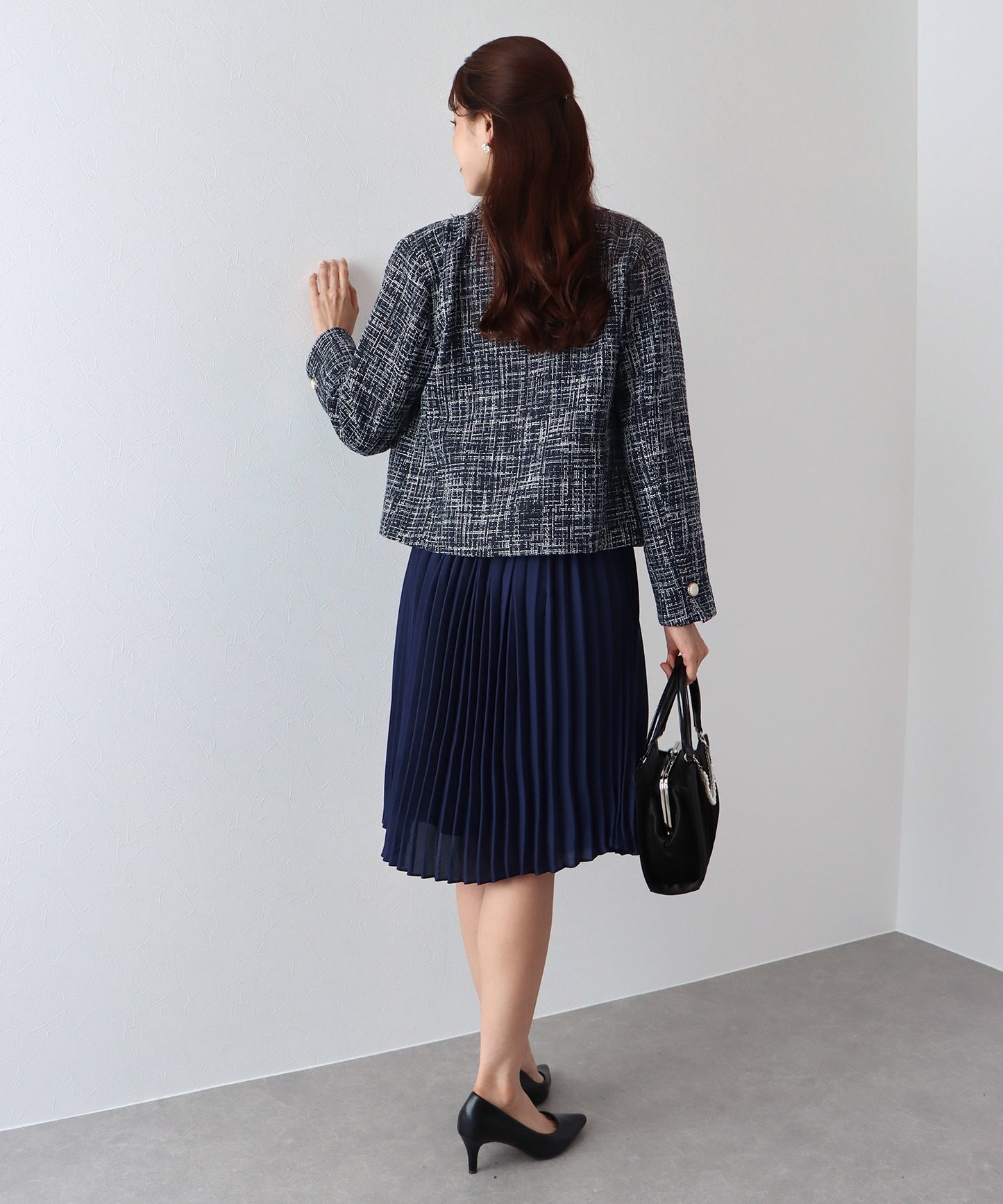 【SALE】ミックスツイードノーカラージャケット×ボウタイプリーツシフォンワンピースセレモニー2点セット