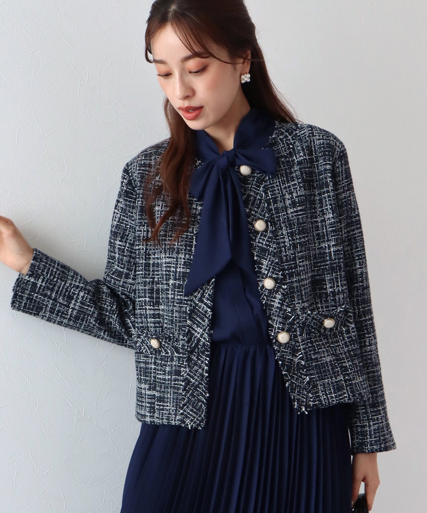 【SALE】ミックスツイードノーカラージャケット×ボウタイプリーツシフォンワンピースセレモニー2点セット