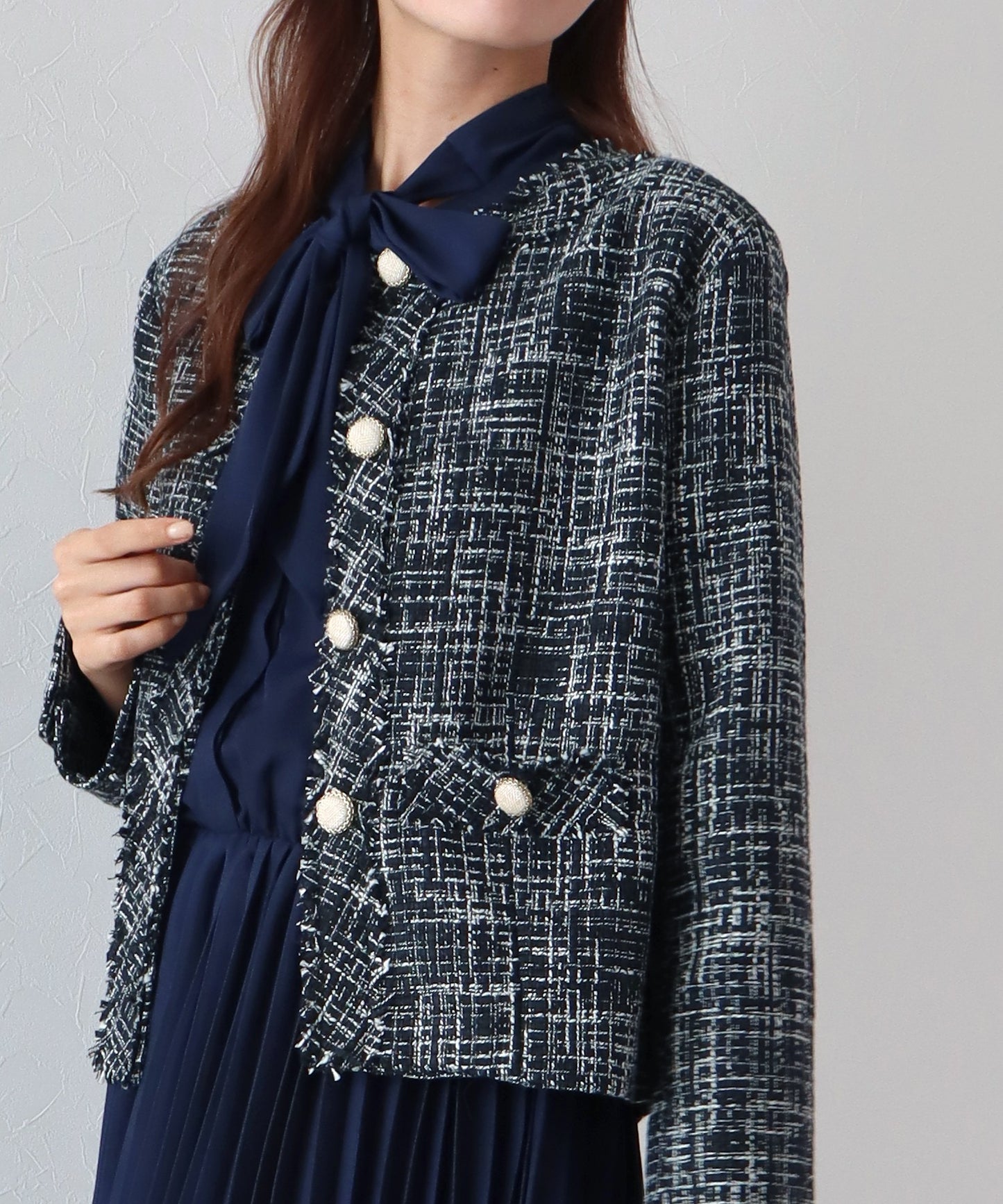 【SALE】ミックスツイードノーカラージャケット×ボウタイプリーツシフォンワンピースセレモニー2点セット