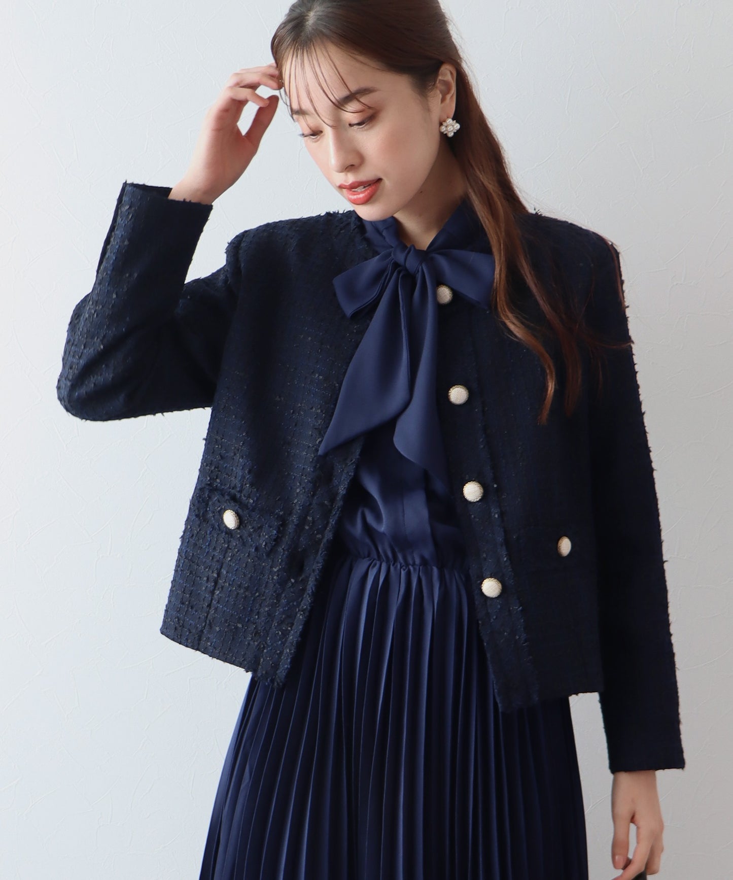 【SALE】ミックスツイードノーカラージャケット×ボウタイプリーツシフォンワンピースセレモニー2点セット