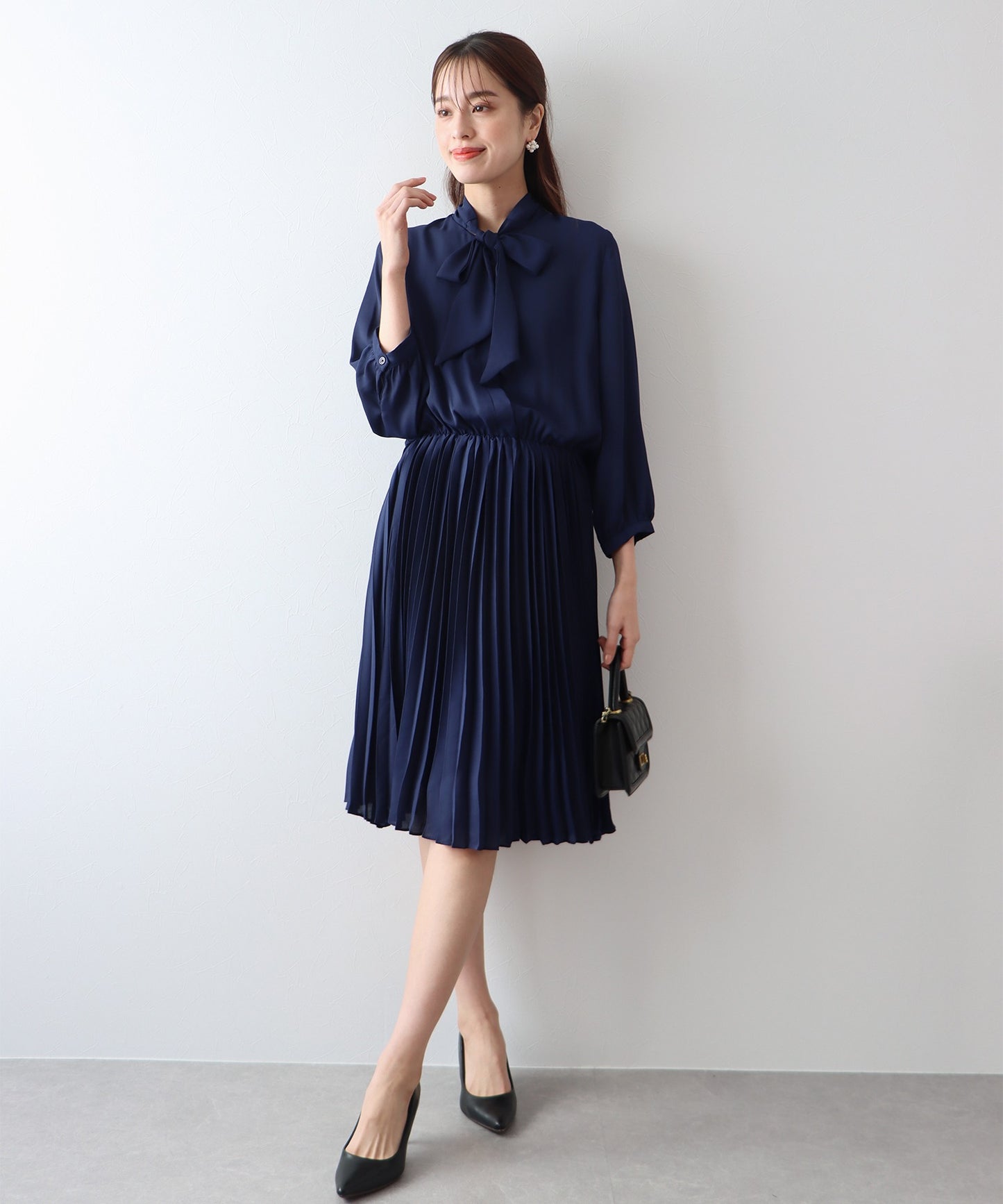 【SALE】ミックスツイードノーカラージャケット×ボウタイプリーツシフォンワンピースセレモニー2点セット