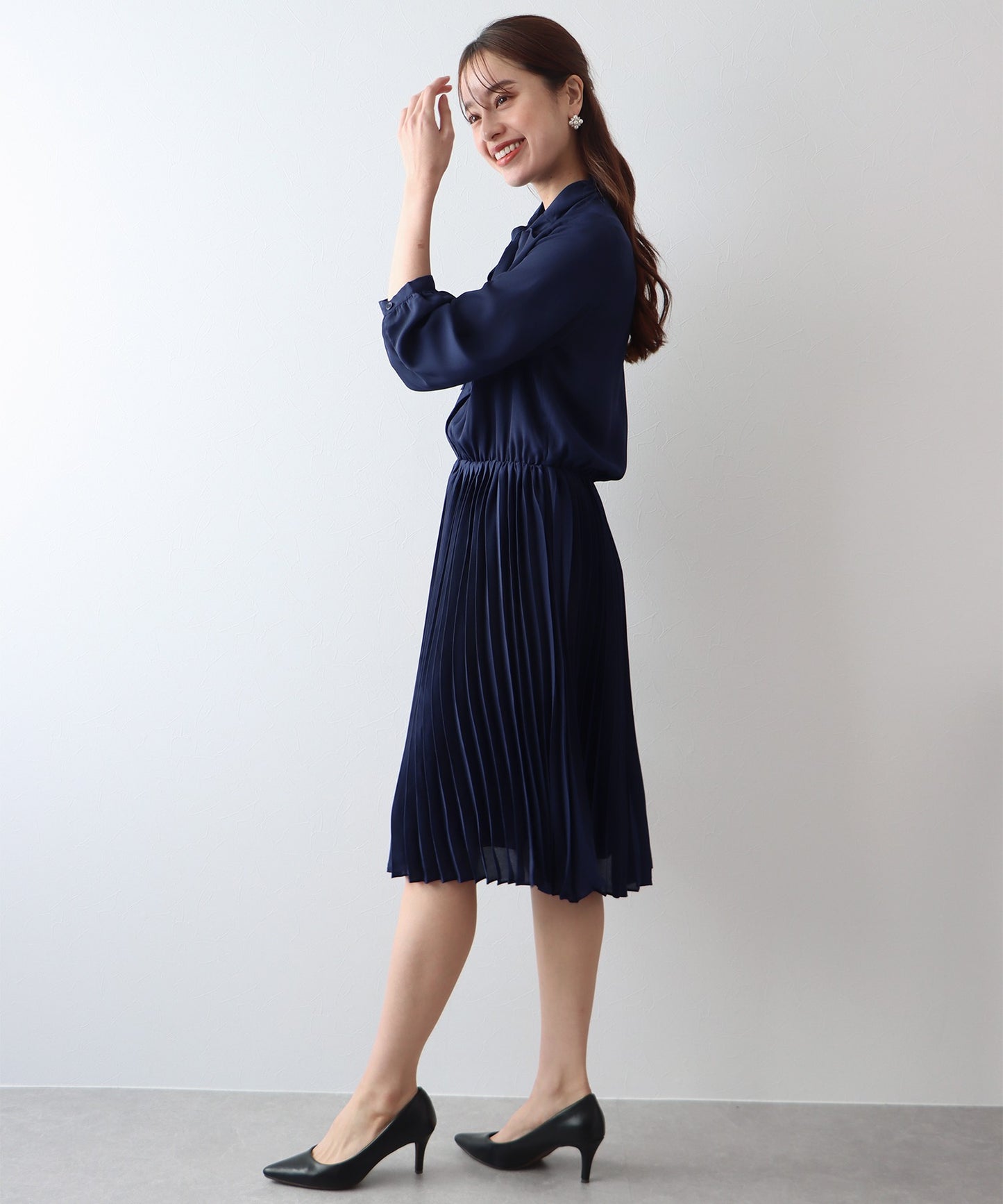 【SALE】ミックスツイードノーカラージャケット×ボウタイプリーツシフォンワンピースセレモニー2点セット