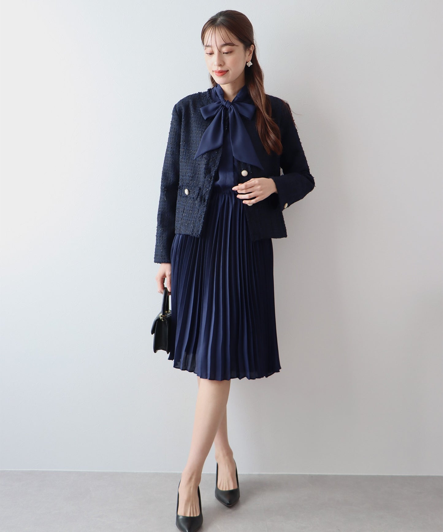 【SALE】ミックスツイードノーカラージャケット×ボウタイプリーツシフォンワンピースセレモニー2点セット