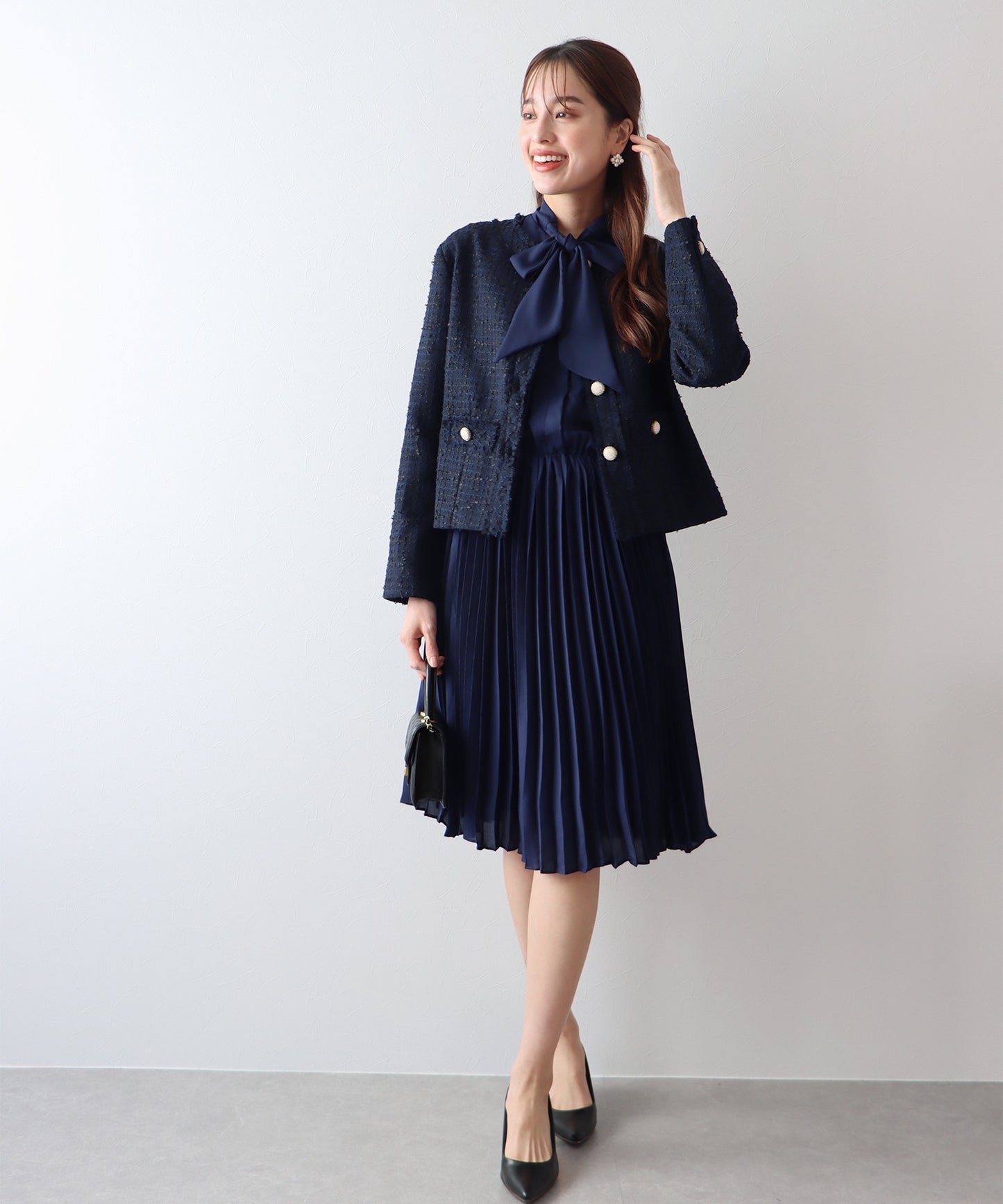 【SALE】ミックスツイードノーカラージャケット×ボウタイプリーツシフォンワンピースセレモニー2点セット