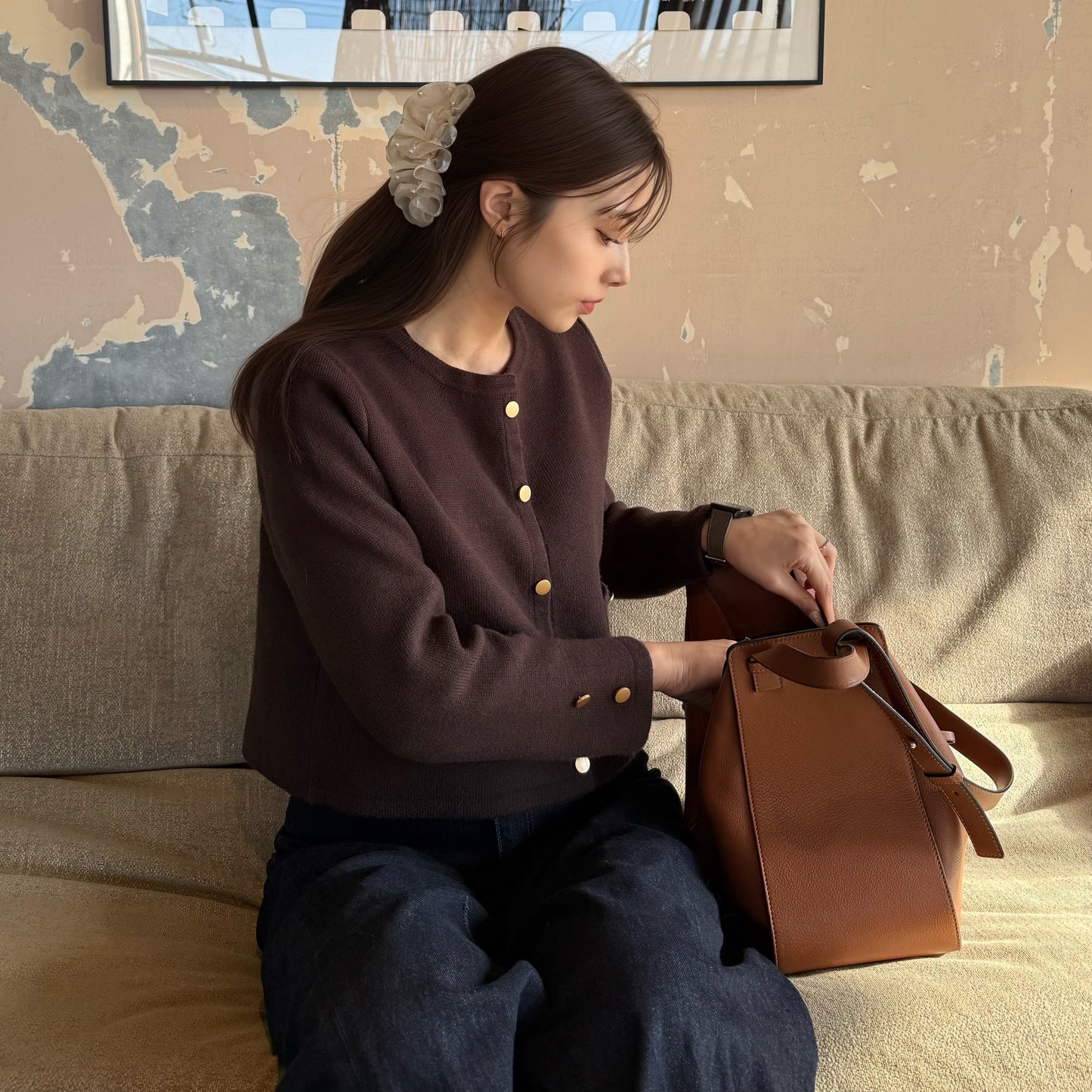 金ボタンノーカラーニットジャケット