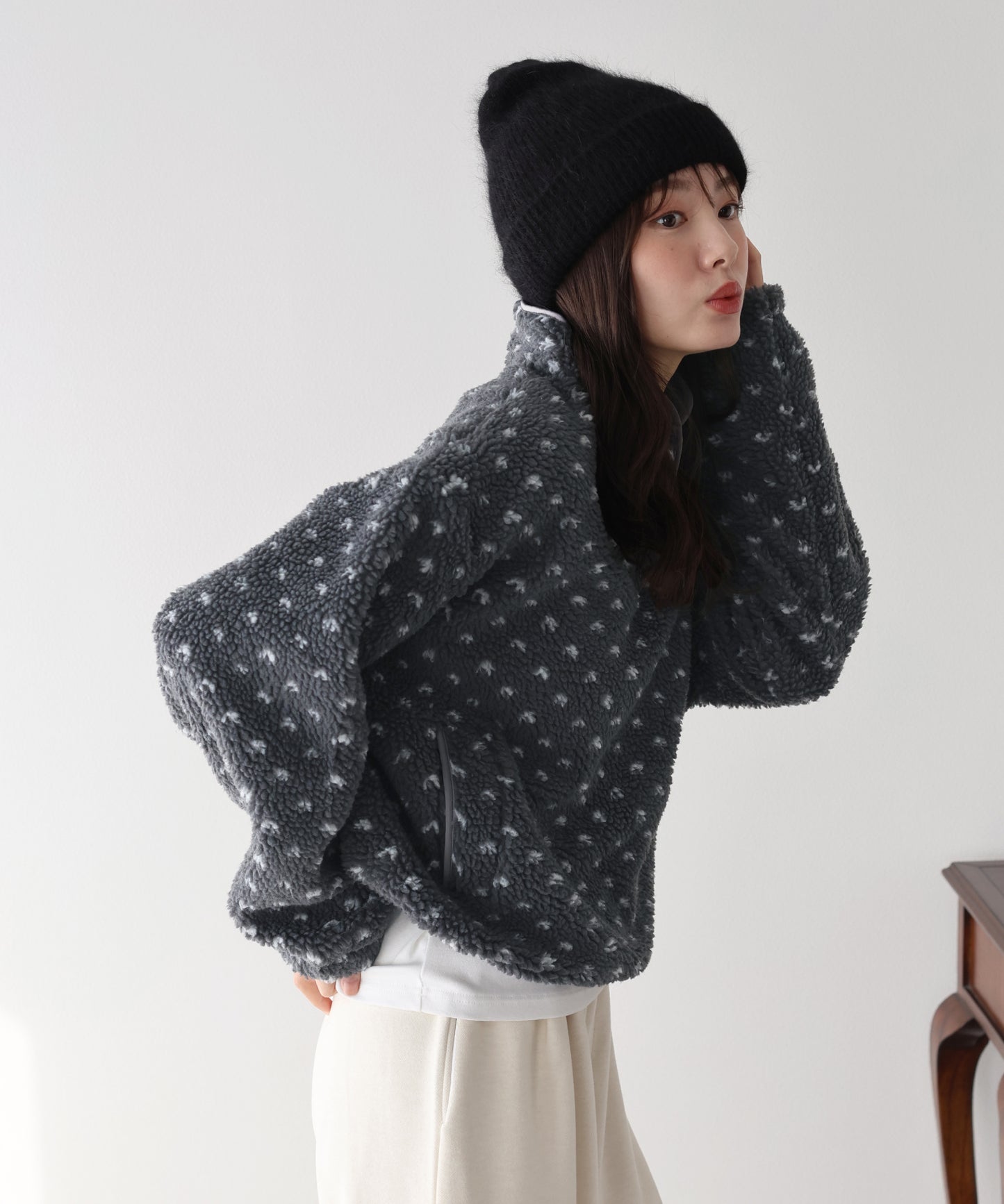 ハート柄ボアハーフボタンプルオーバー