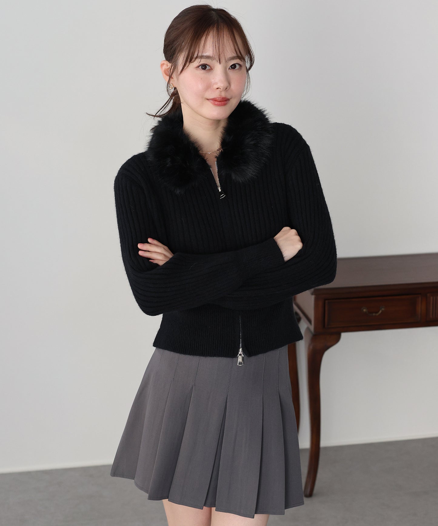 【早割5％OFF】ファー襟ダブルジップニット