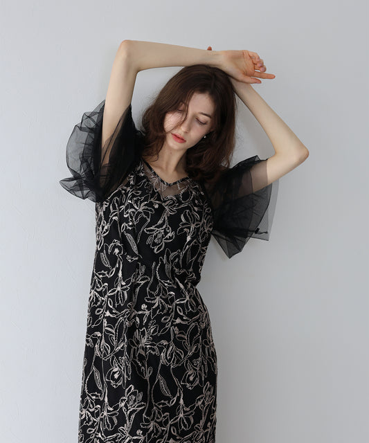 【TIME SALE】刺繍チュールIラインパーティードレス