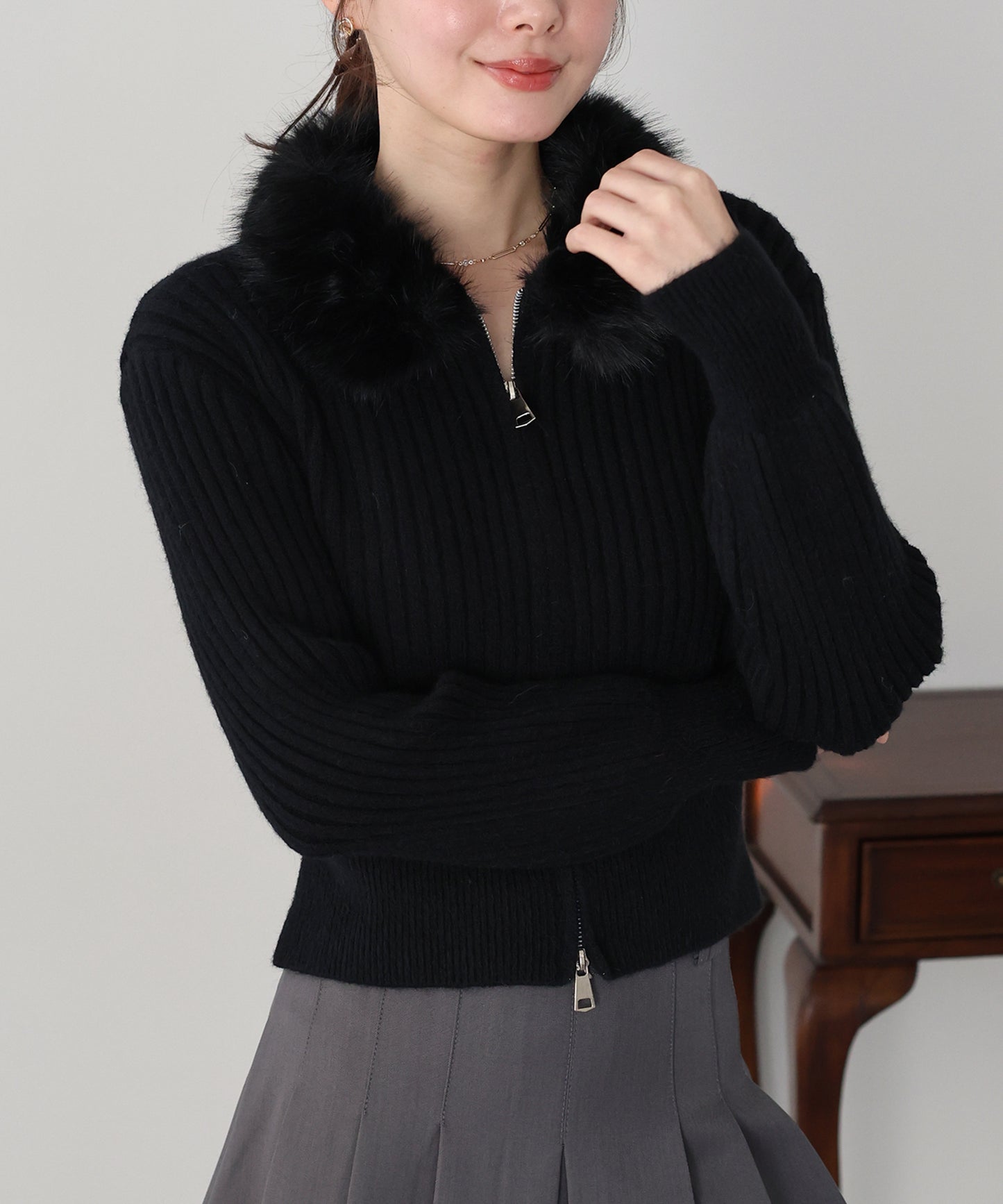 【早割5％OFF】ファー襟ダブルジップニット
