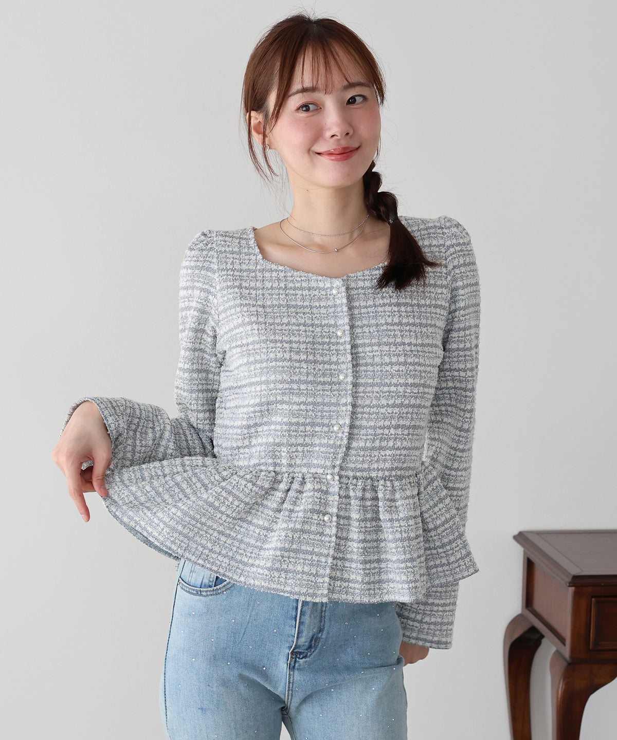 【早割5％OFF】《２サイズ展開》ツイードペプラムトップス