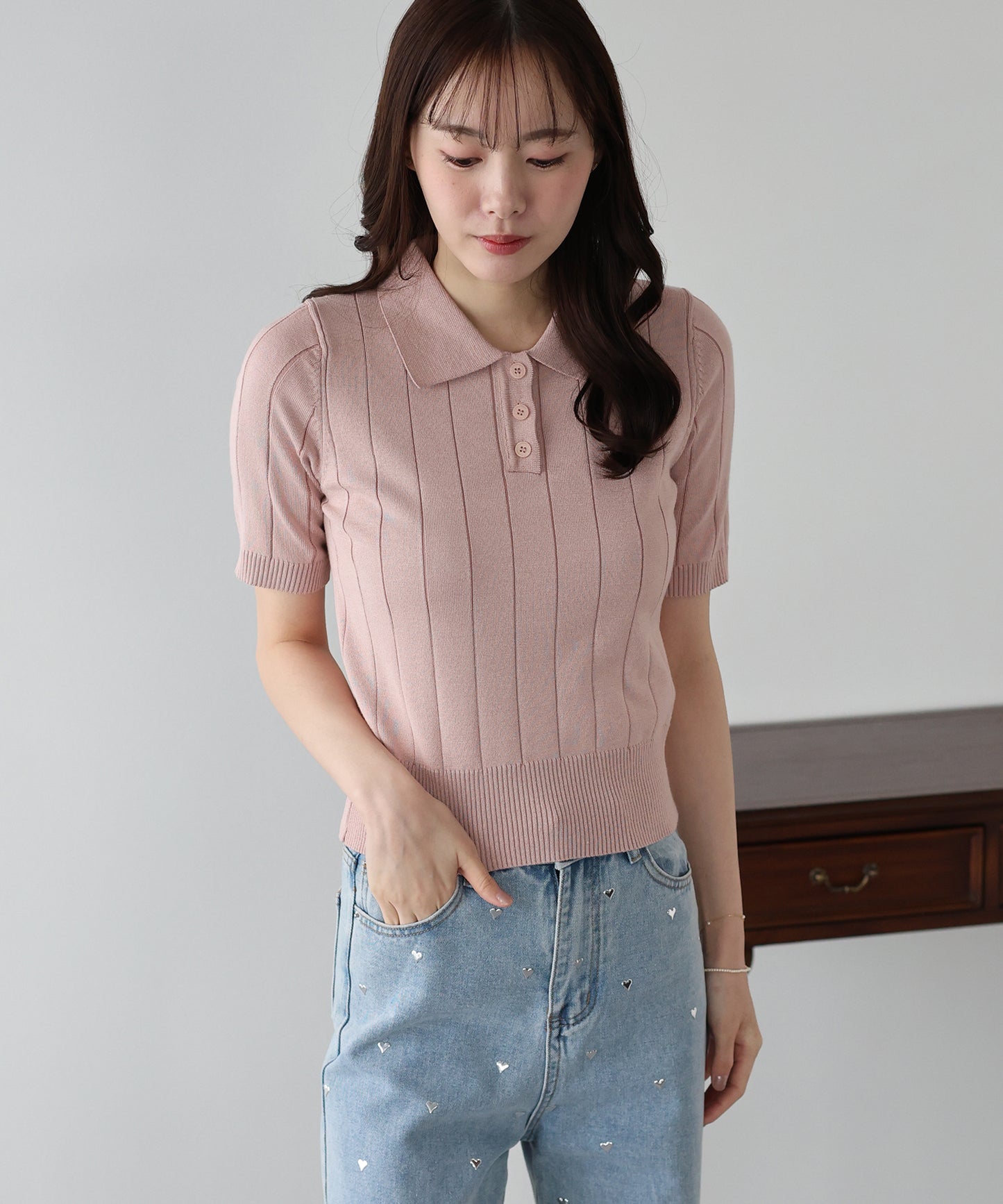 5分袖サマーワイドリブポロニットトップス