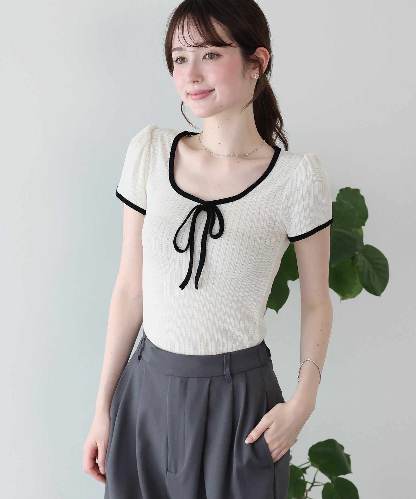 【SALE】バイカラーリボンカットソー【メール便】