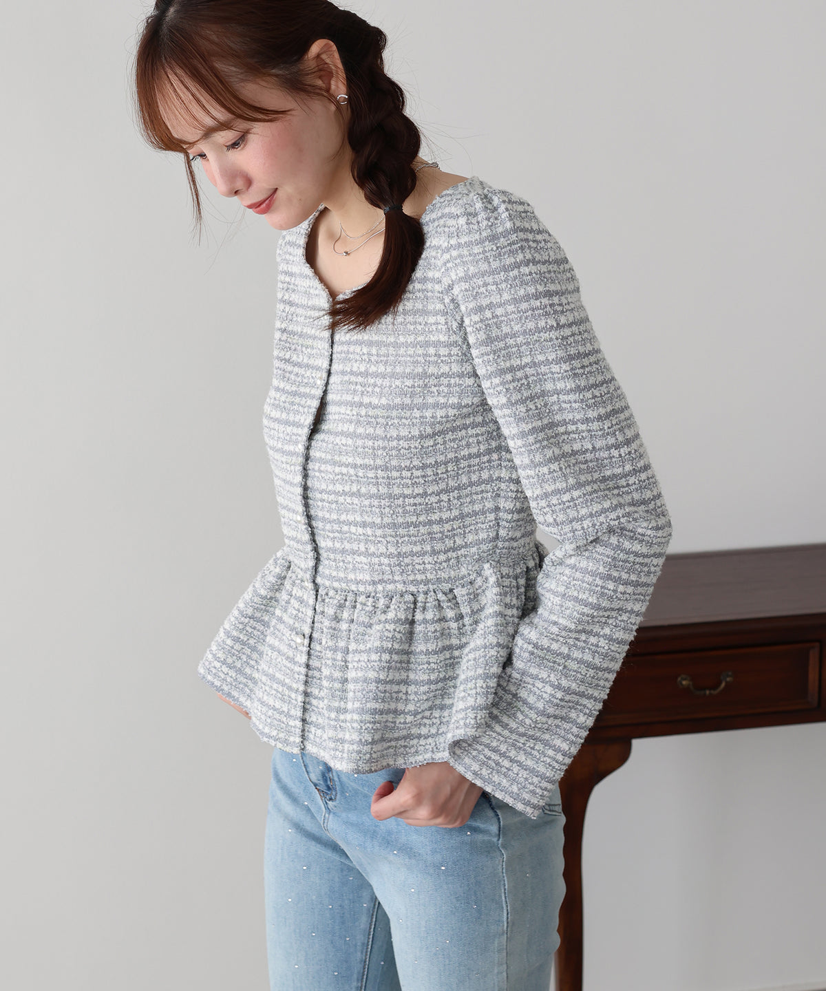 【早割5％OFF】《２サイズ展開》ツイードペプラムトップス